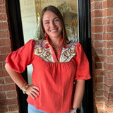 Betsy Embroidered Top Coral