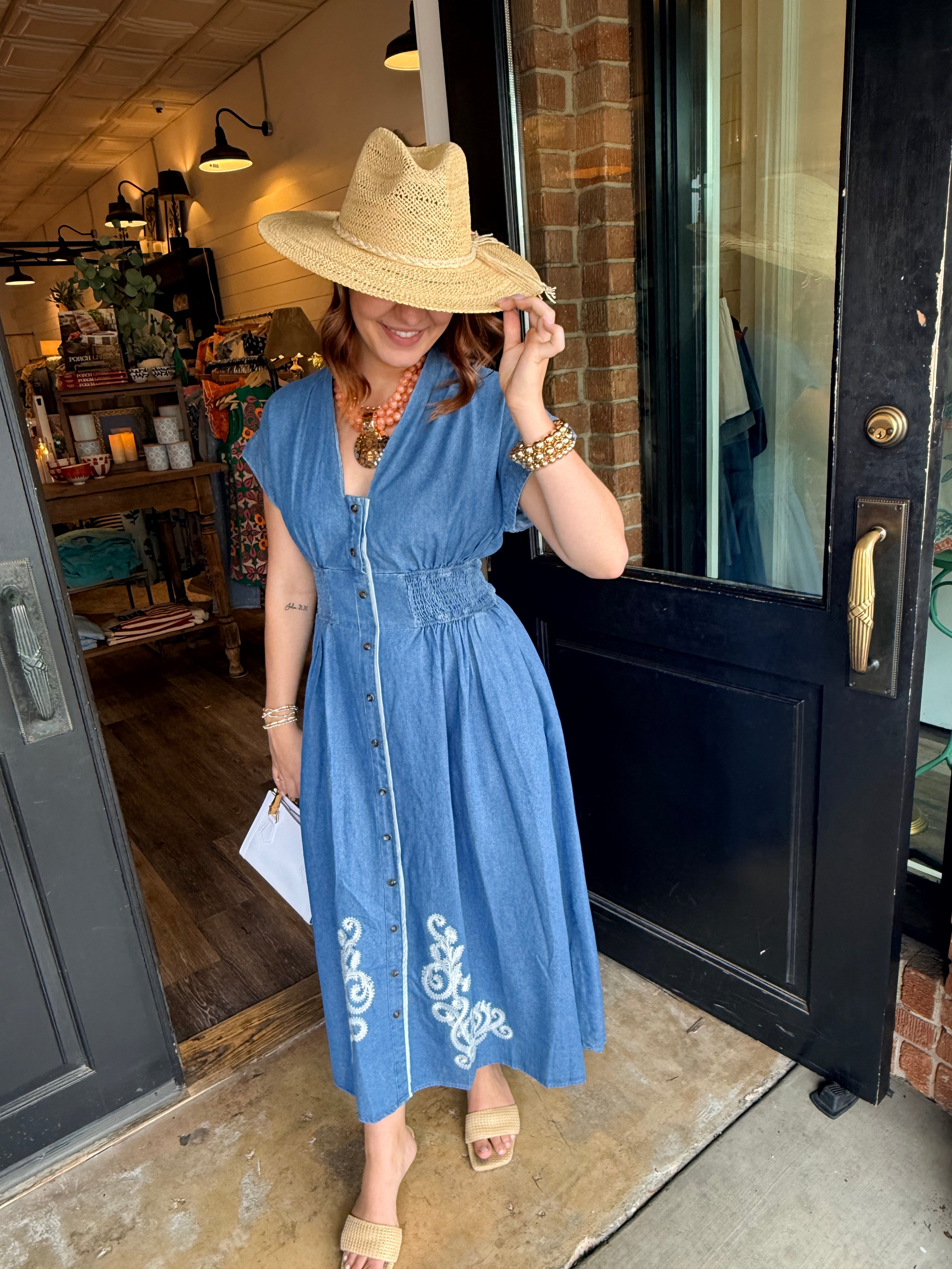 chambray embroidered dress Wynter Embroidered Chambray Dress