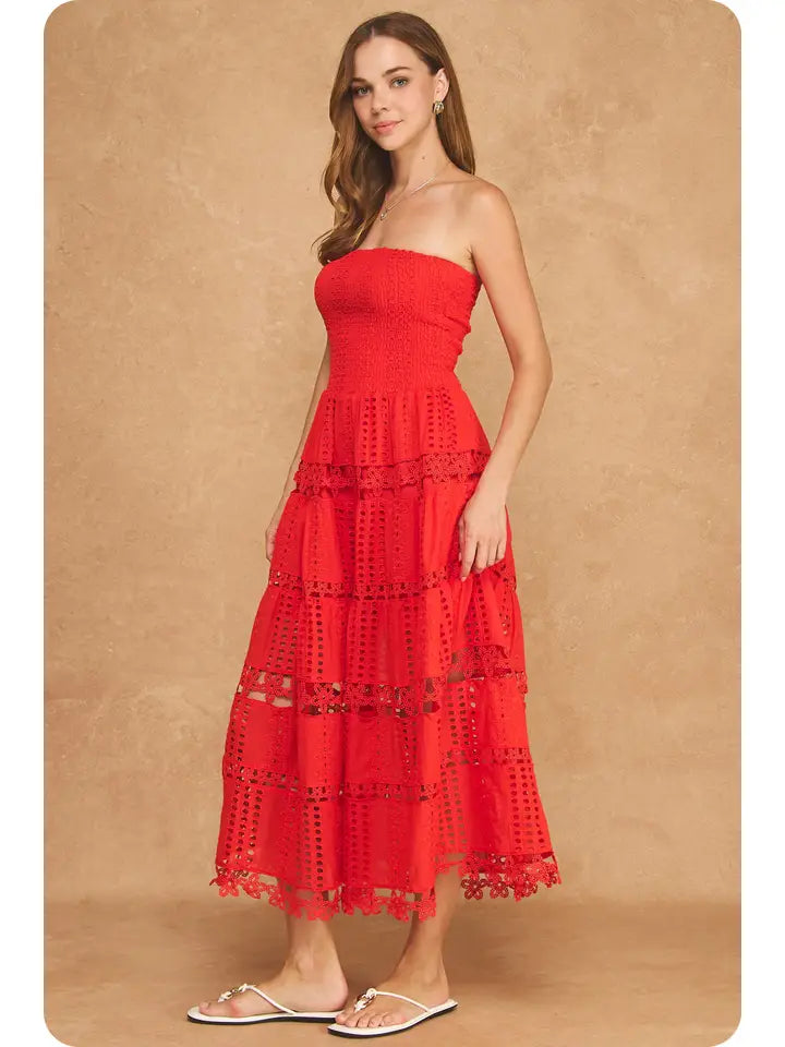 red eyelet midi dress Liza Eyelet Midi Dress