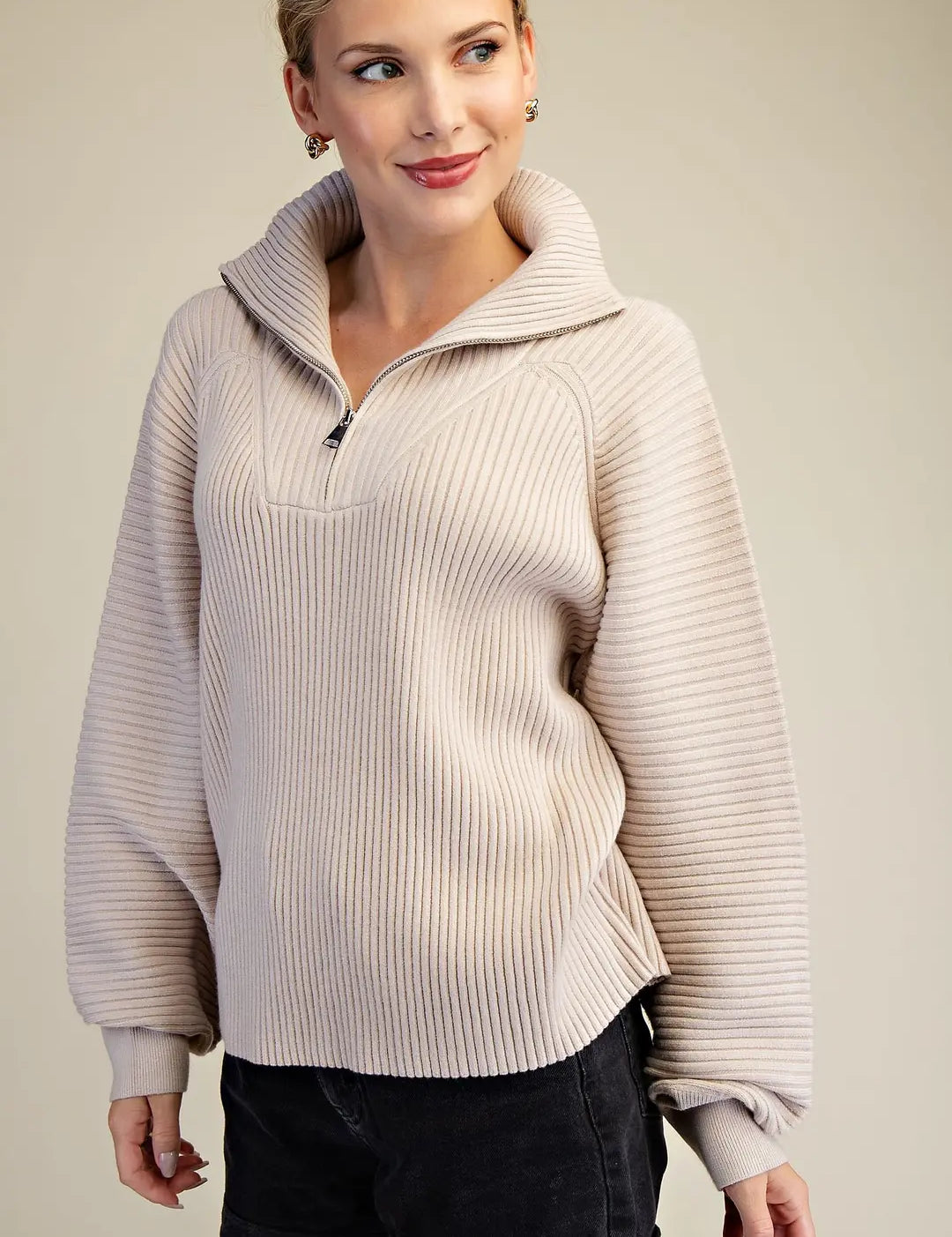 Isla Ribbed Front Zip Sweater