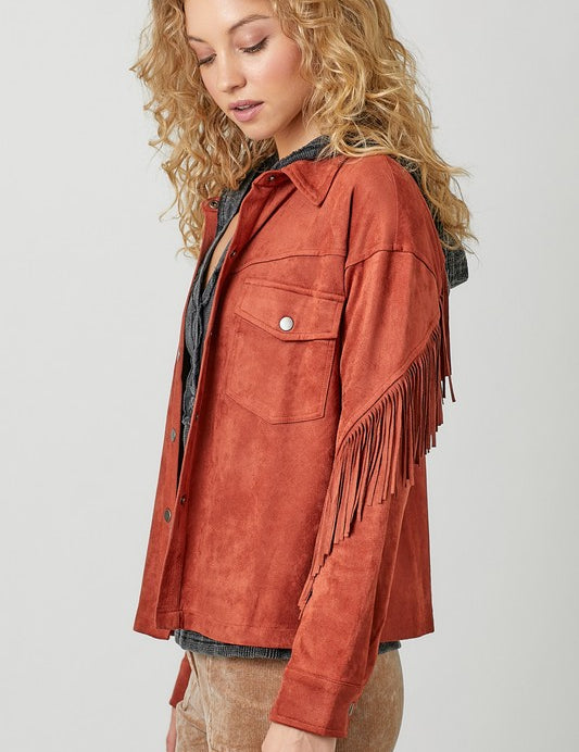 Mara Fringe Detail Suede Shirt Jacket