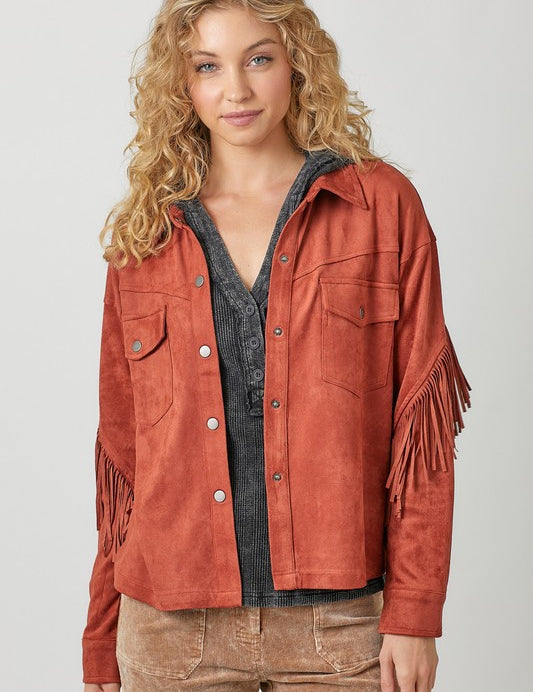 Mara Fringe Detail Suede Shirt Jacket