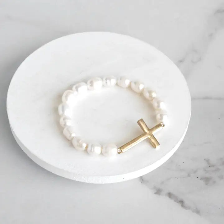 Sideways Cross and pearl Bracelet