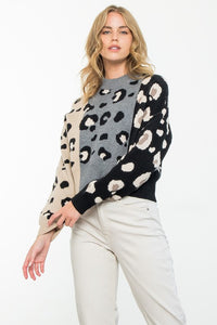 Heather Color Block Cheetah Sweater