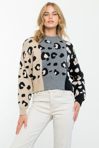 Heather Color Block Cheetah Sweater