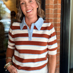 Cute Fall Stripe Sweater wth denim collar