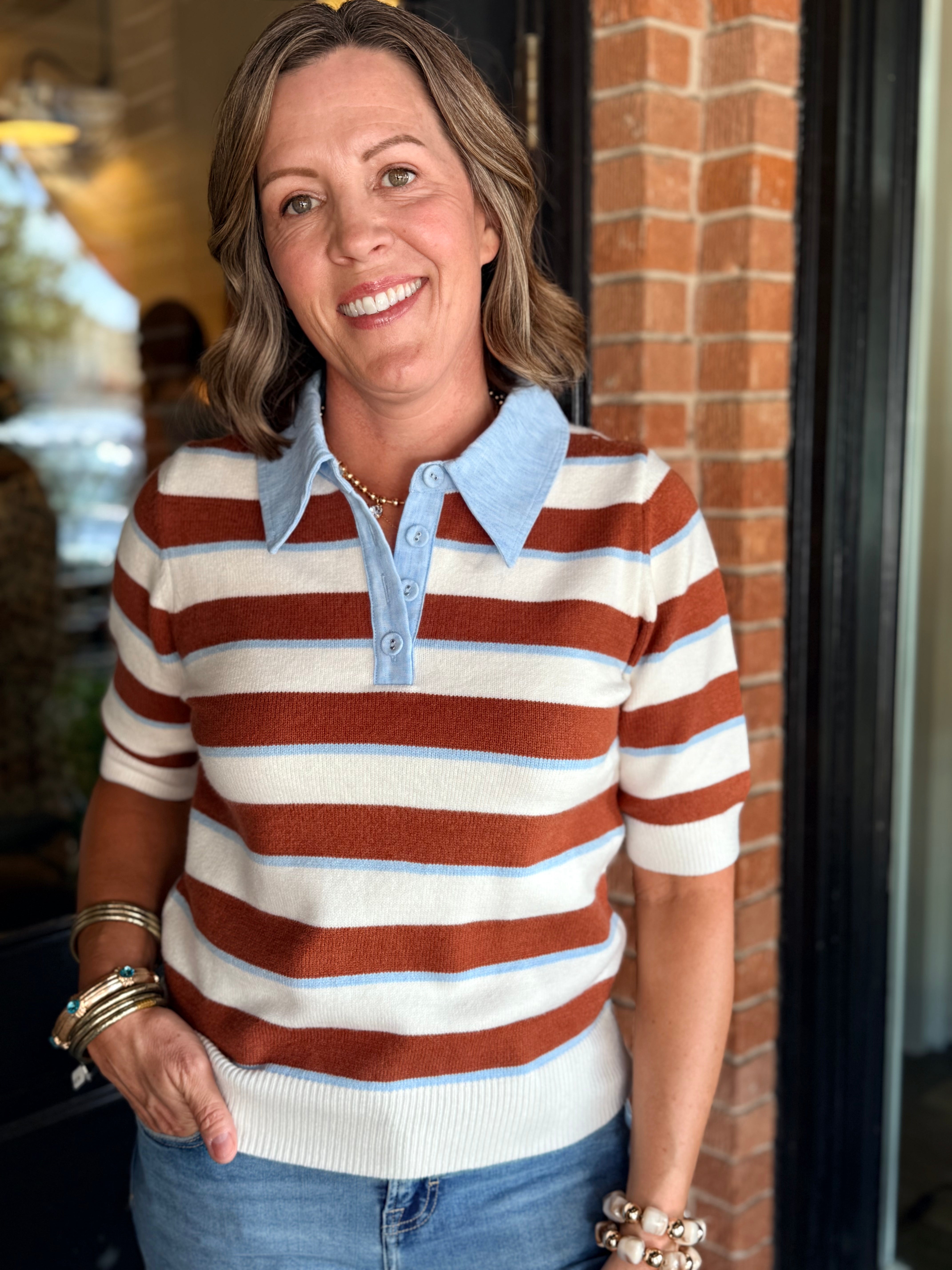 Cute Fall Stripe Sweater wth denim collar