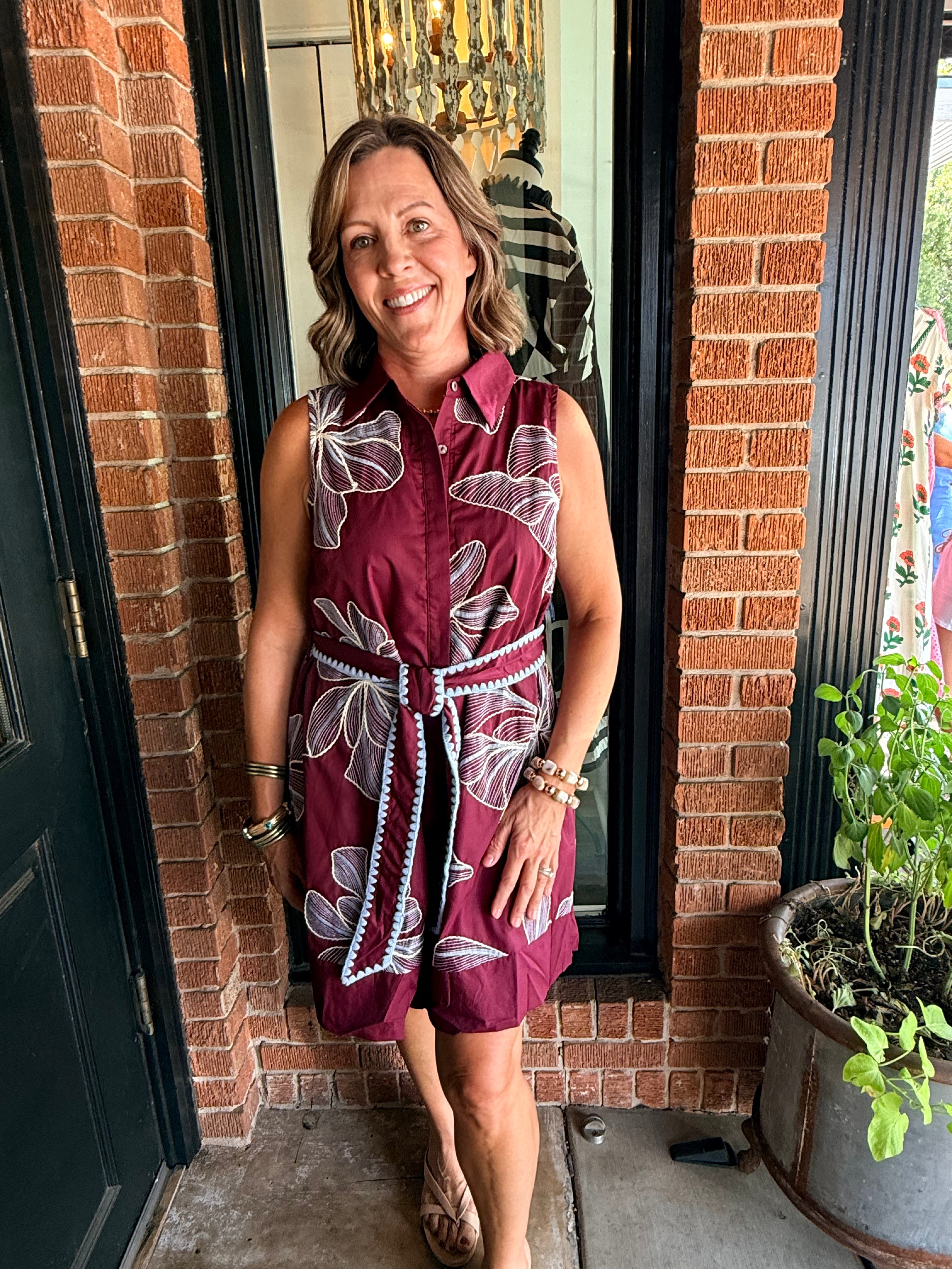 Lacy Floral Embroidered Belted Mini Dress