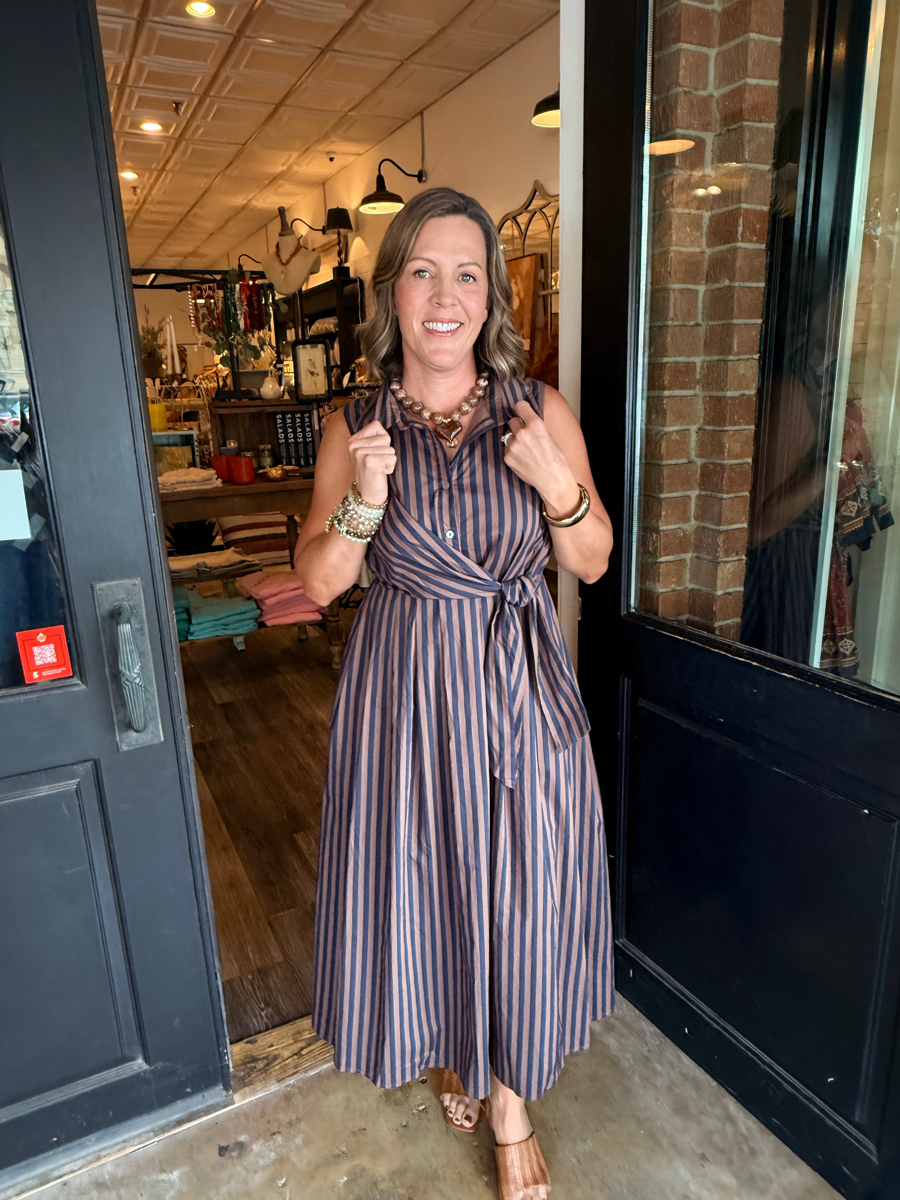 Aster Striped Tie Front Midi Dress