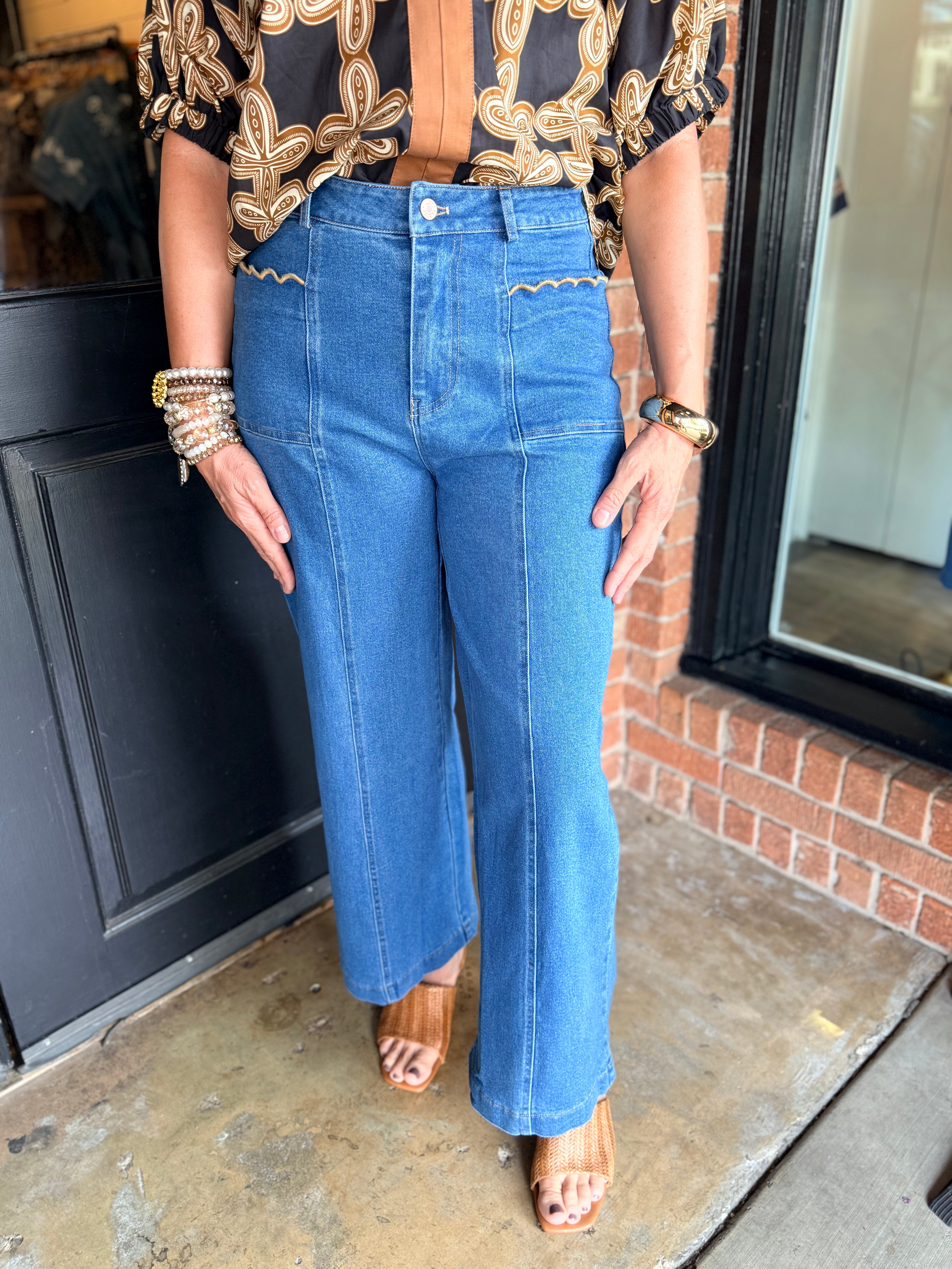 Rose Scallop Pocket Wide Leg Jeans