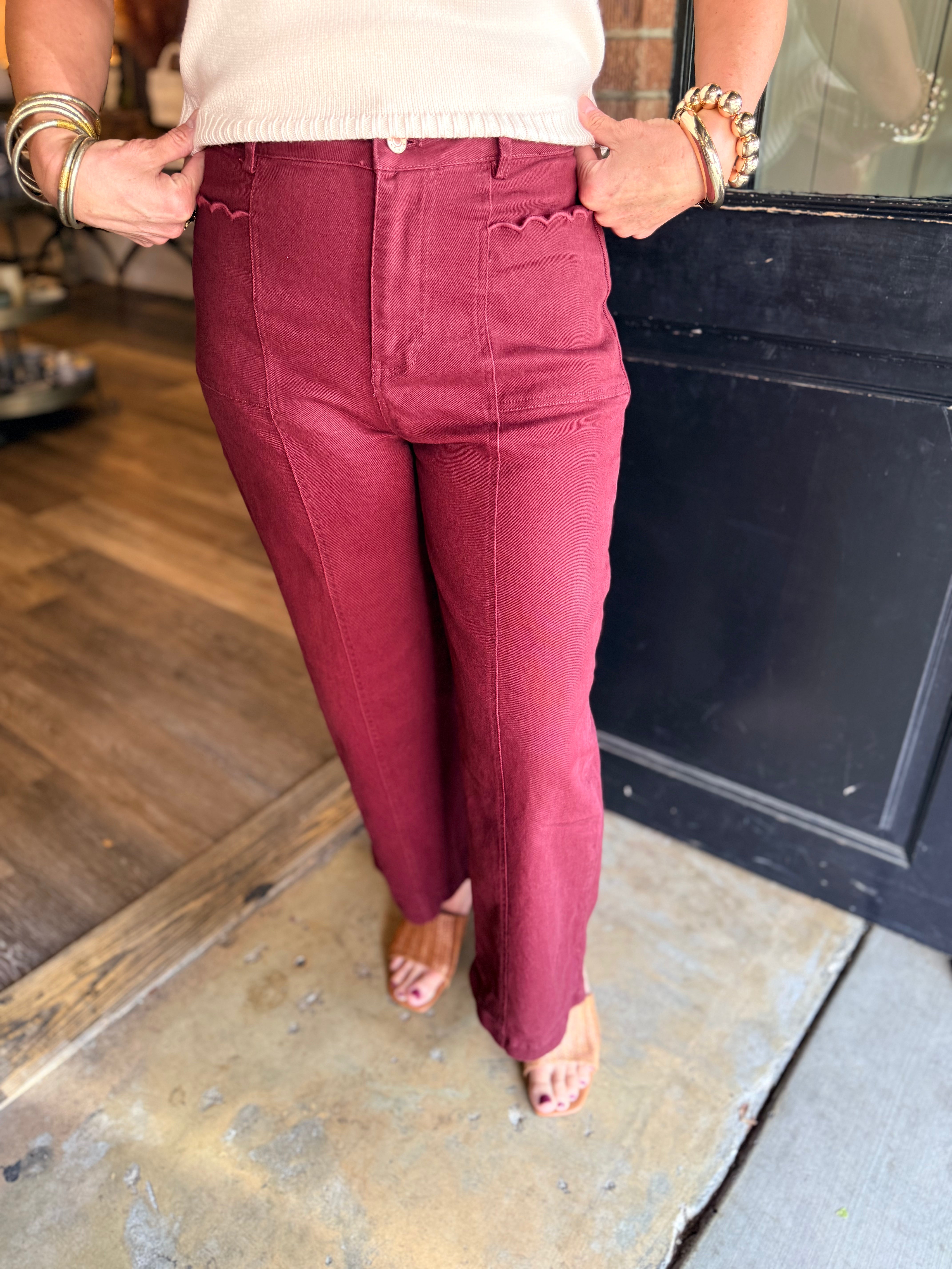 Rose Scallop Pocket Wide Leg Jeans