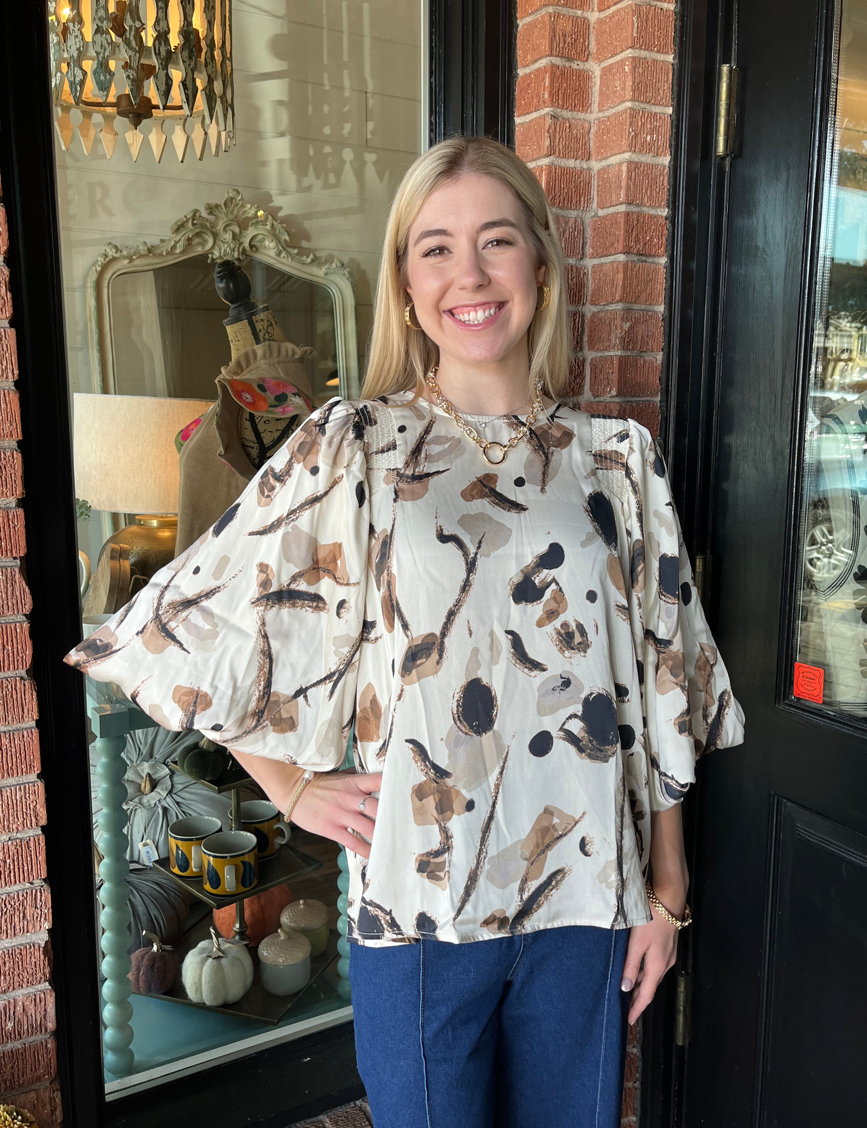 Ava Beige Abstract Blouse