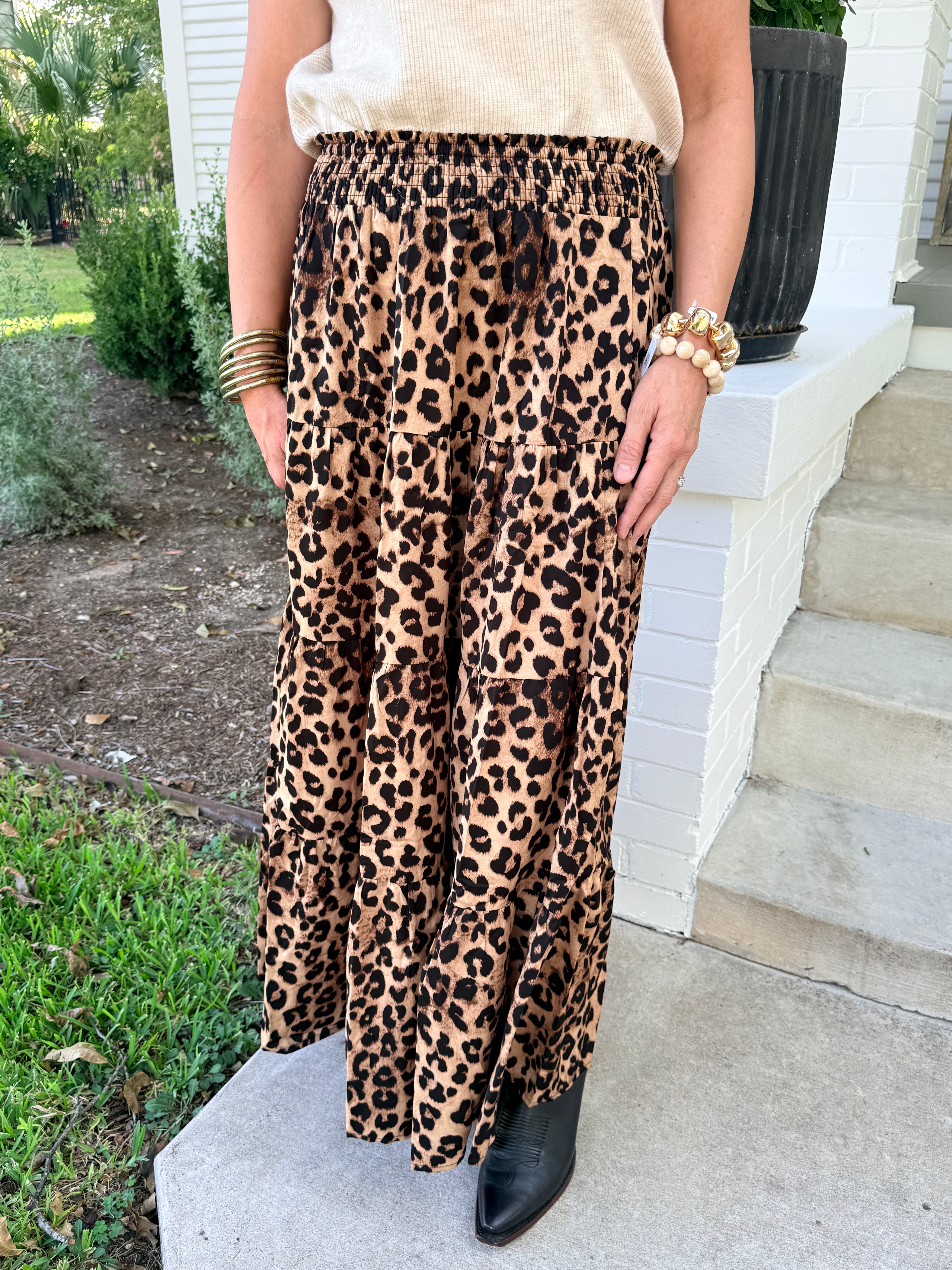Kira Leopard Tiered Midi Skirt