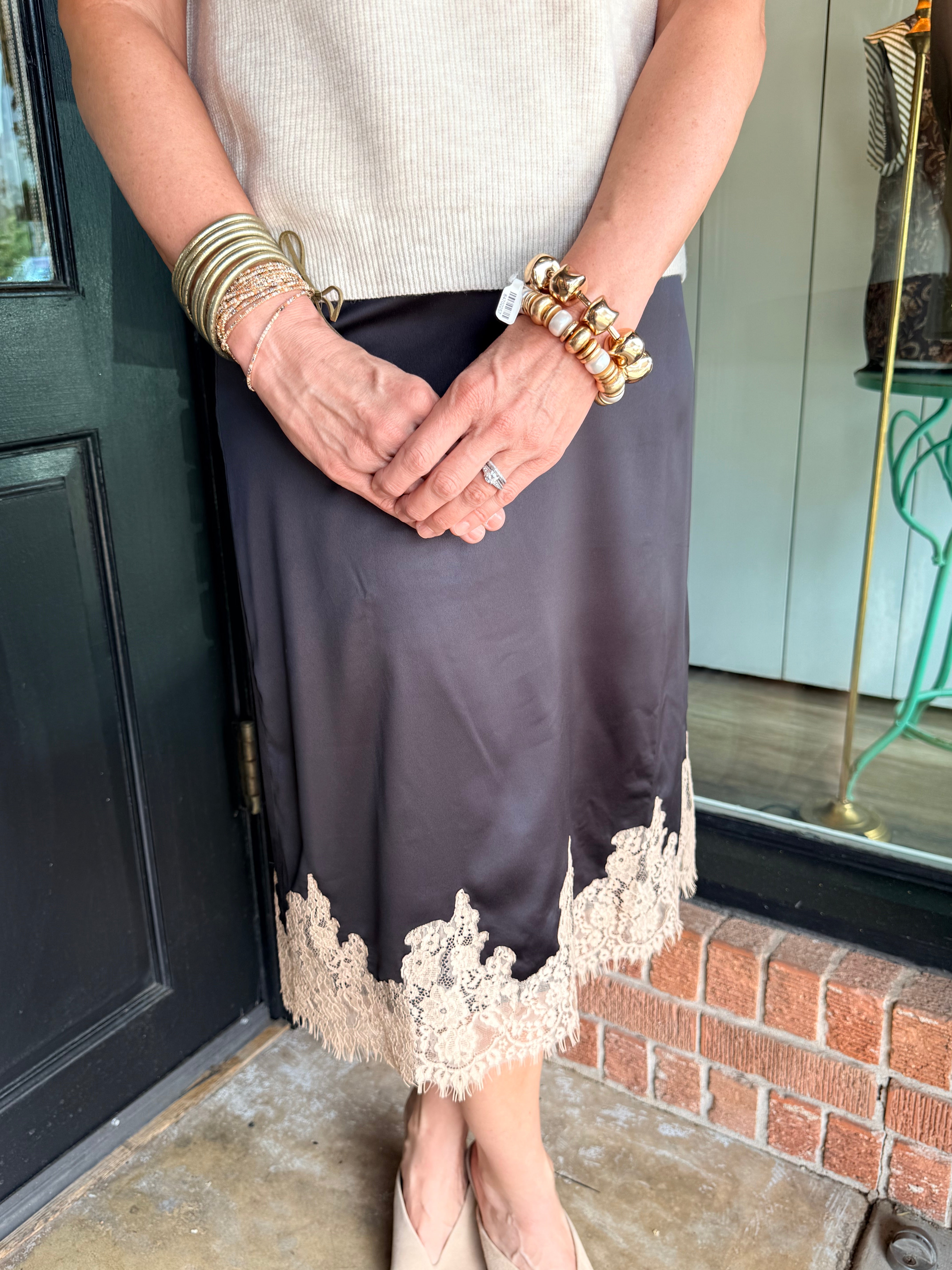 Lois Lace Trim Satin Midi Skirt