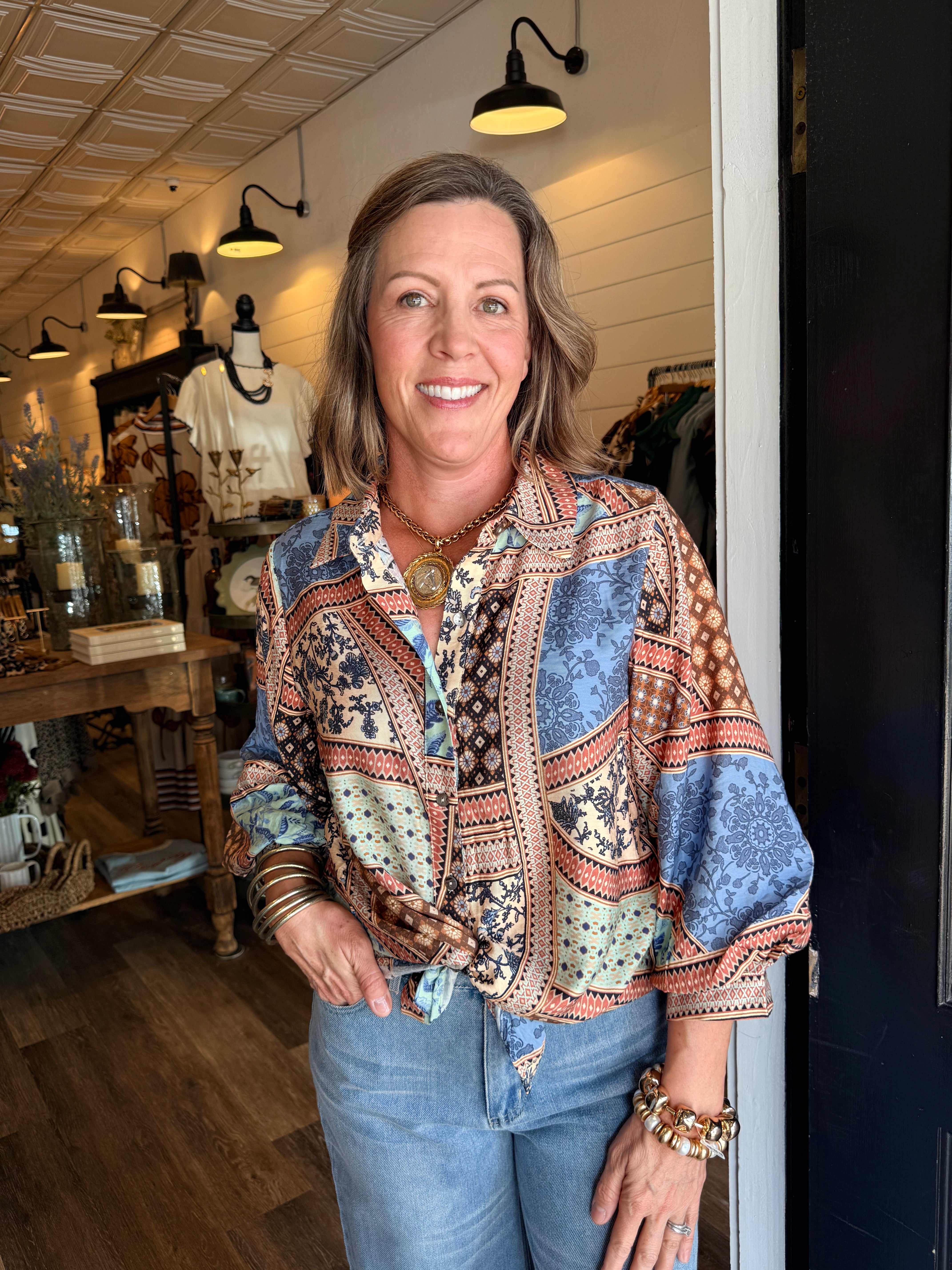 Lizzy Patchwork Button Down Top