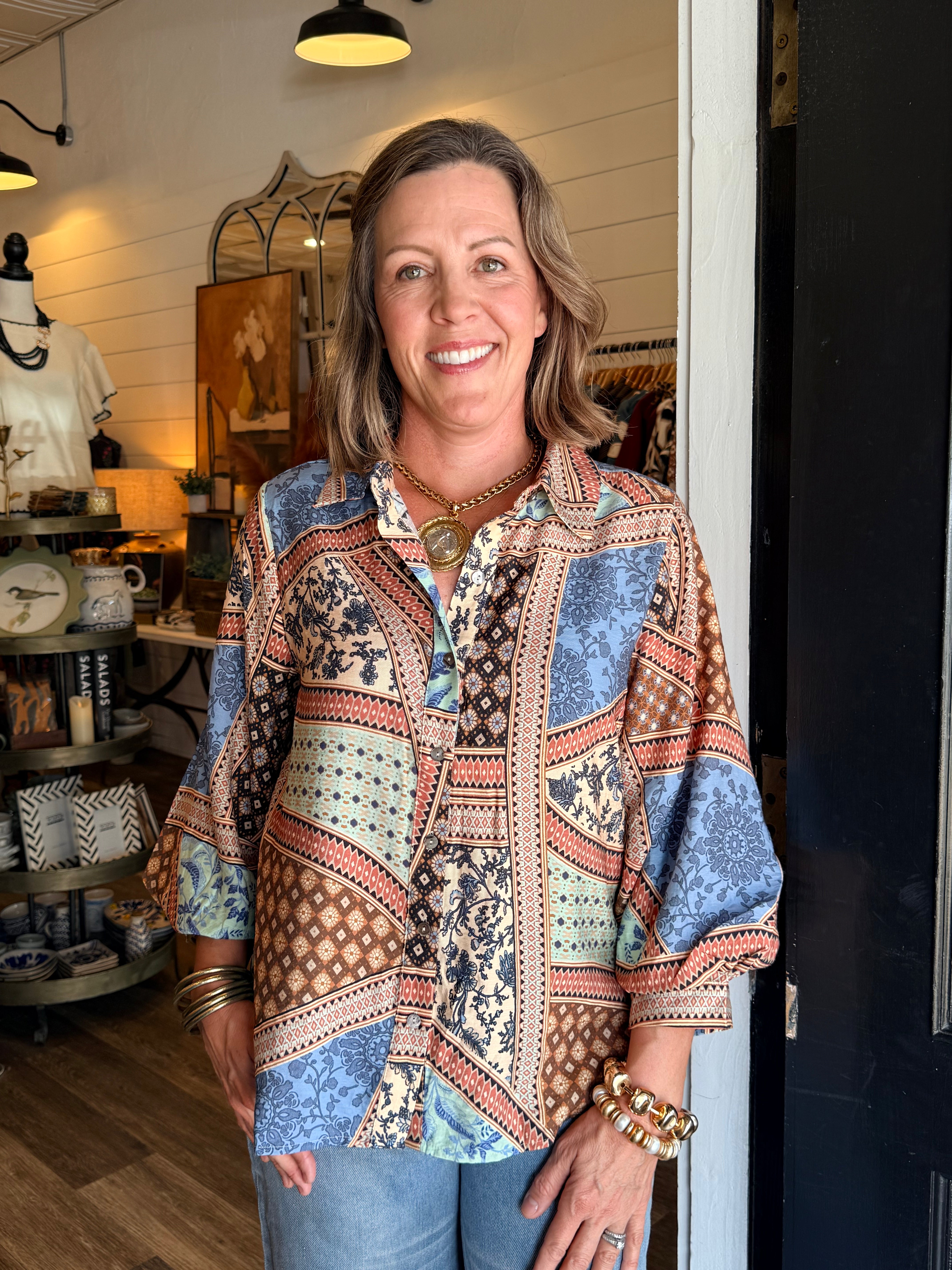 Lizzy Patchwork Button Down Top