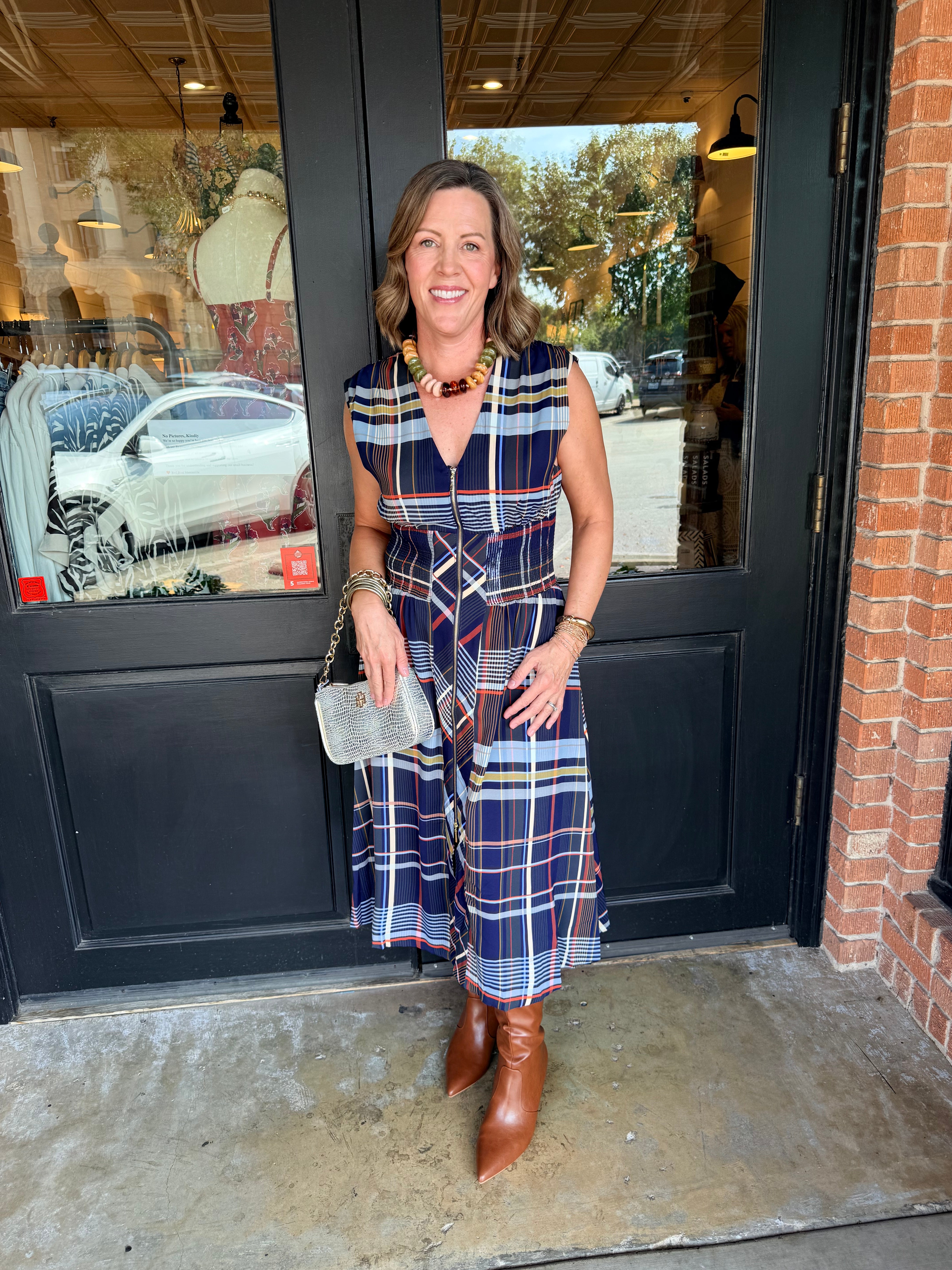Brenda Plaid Zip Front Midi Dress