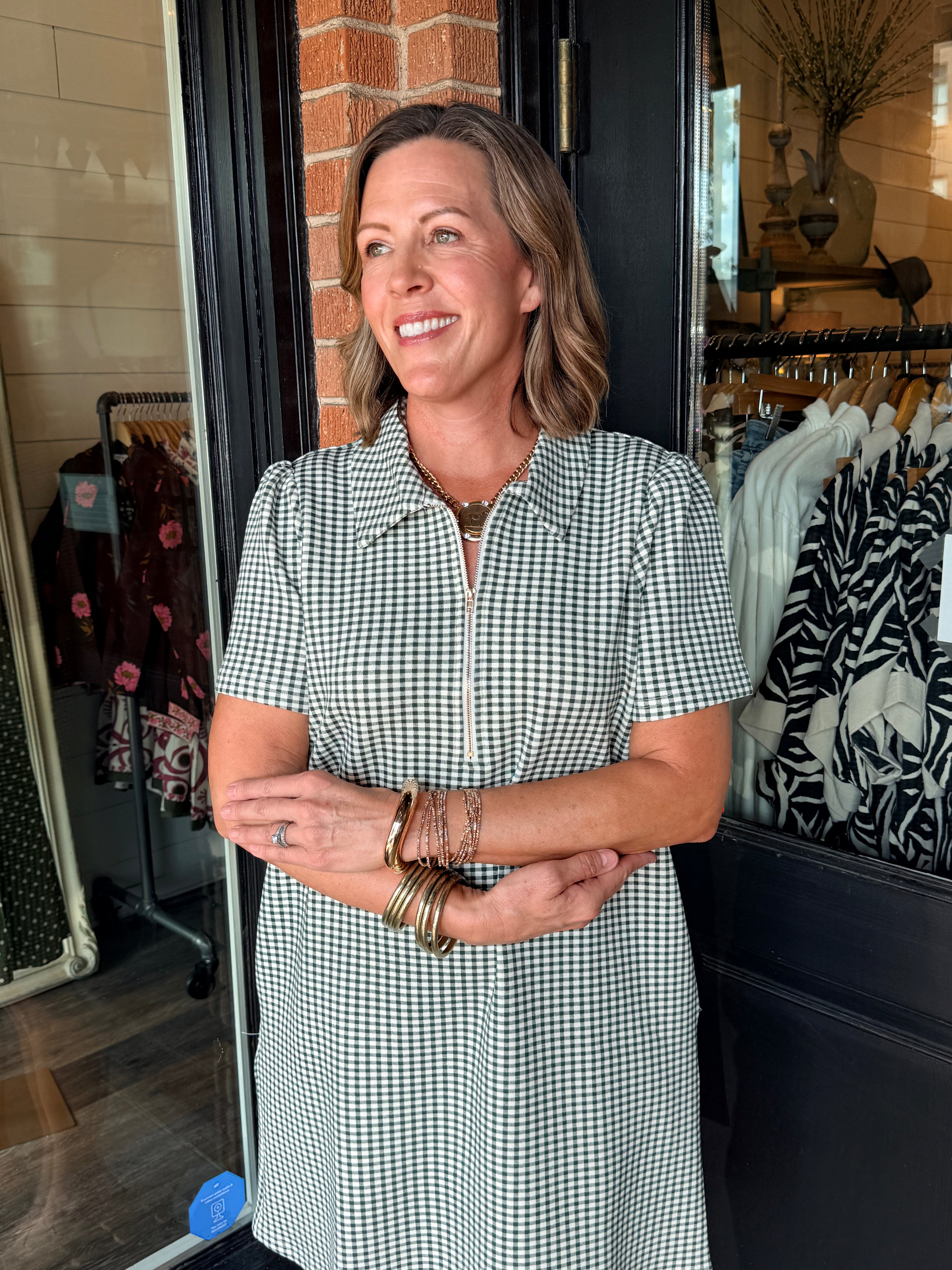 Jessica Gingham Zip Front Shirt Dress