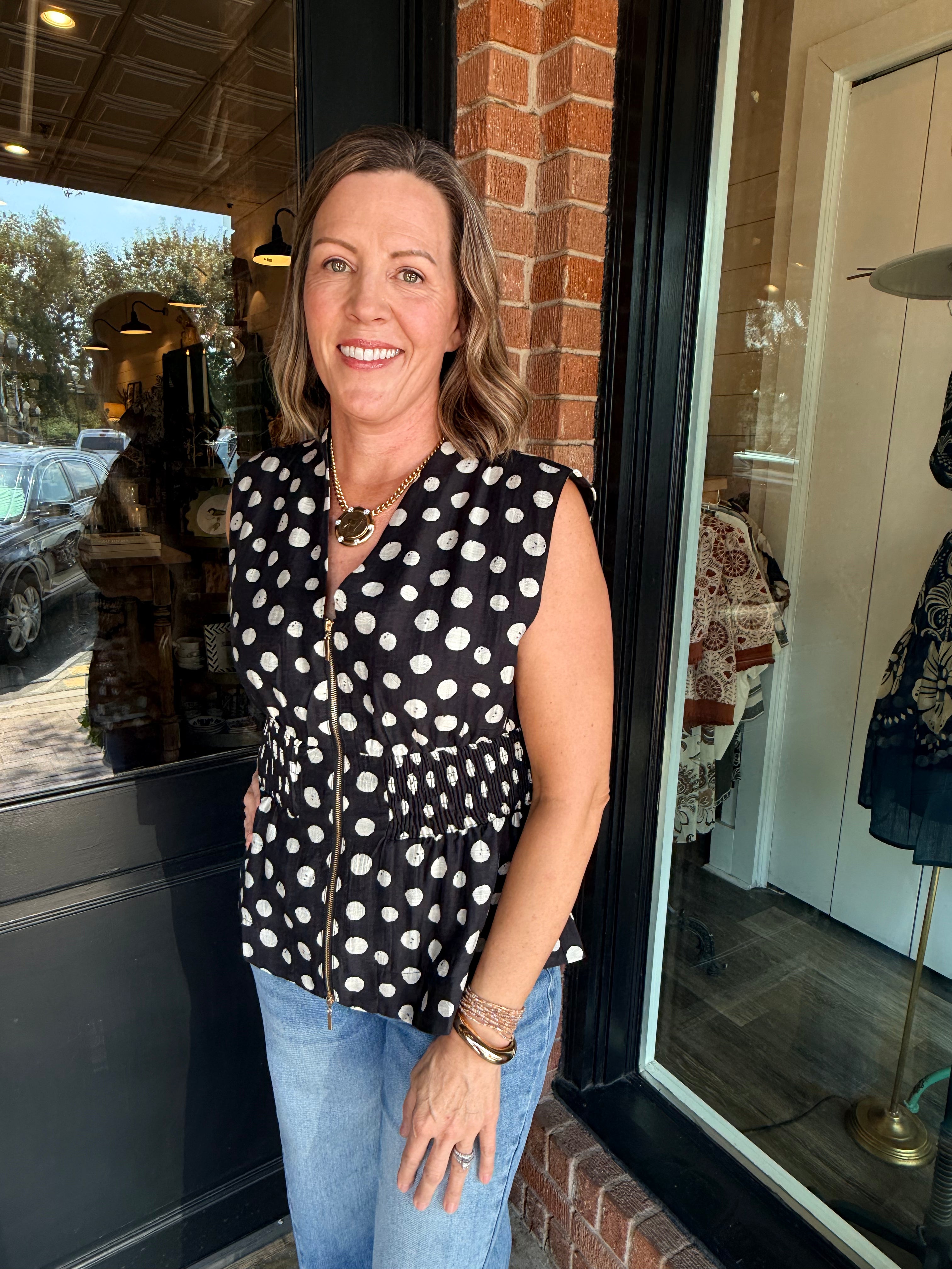 Allie Polka Dot Zip Front Top
