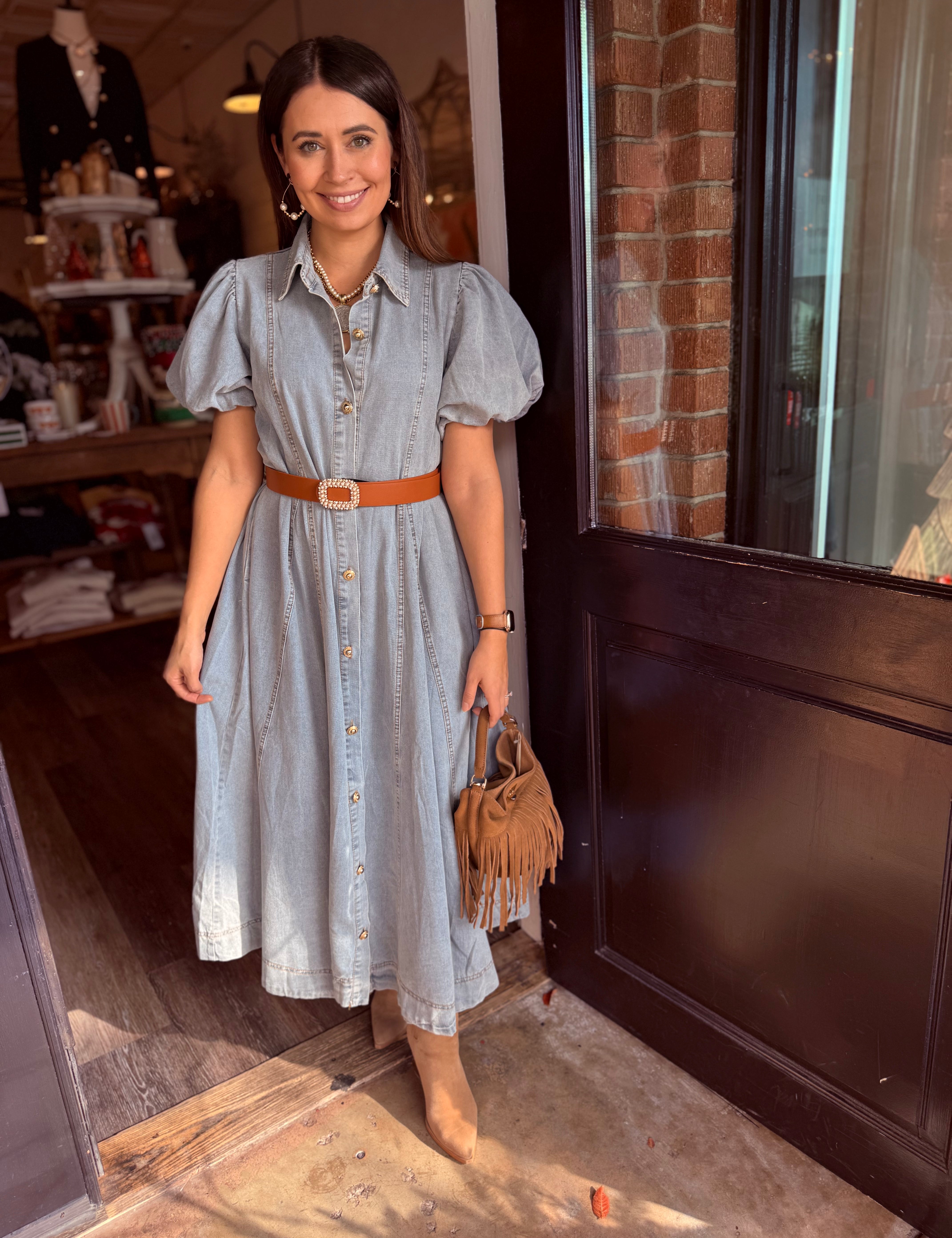 Campbell Puff Sleeve Denim Maxi Dress