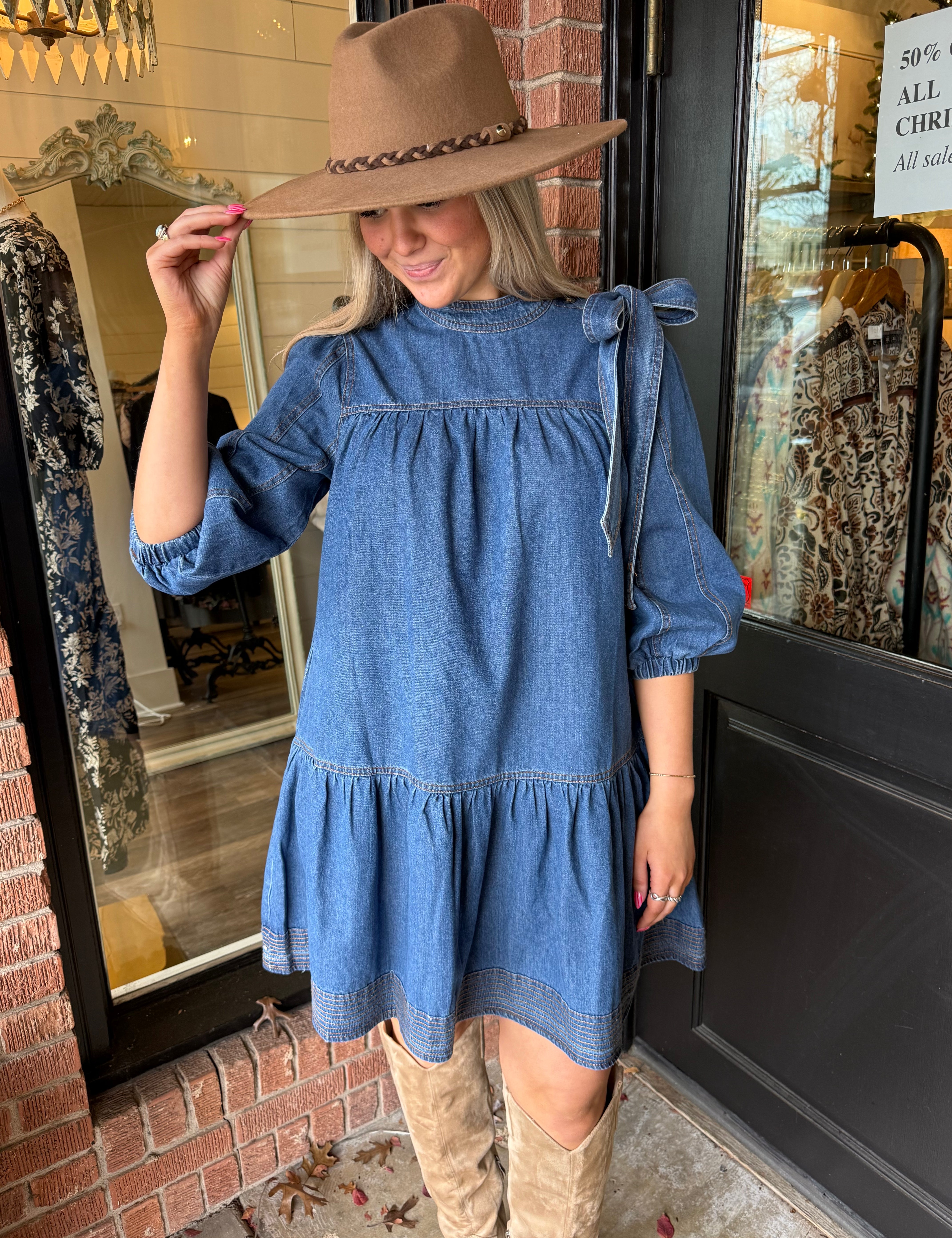Elora Bow Tie Neck Denim Dress