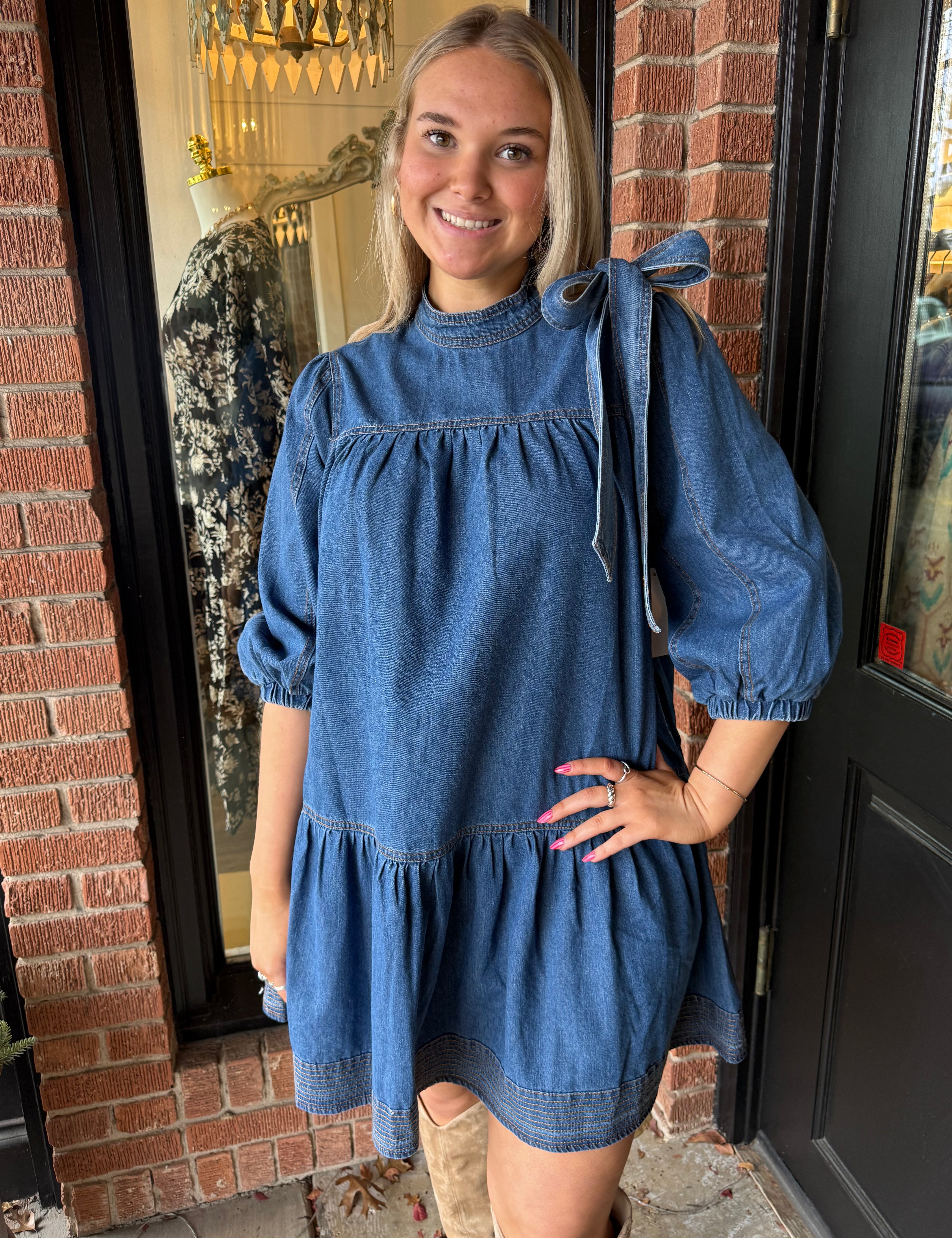 Elora Bow Tie Neck Denim Dress