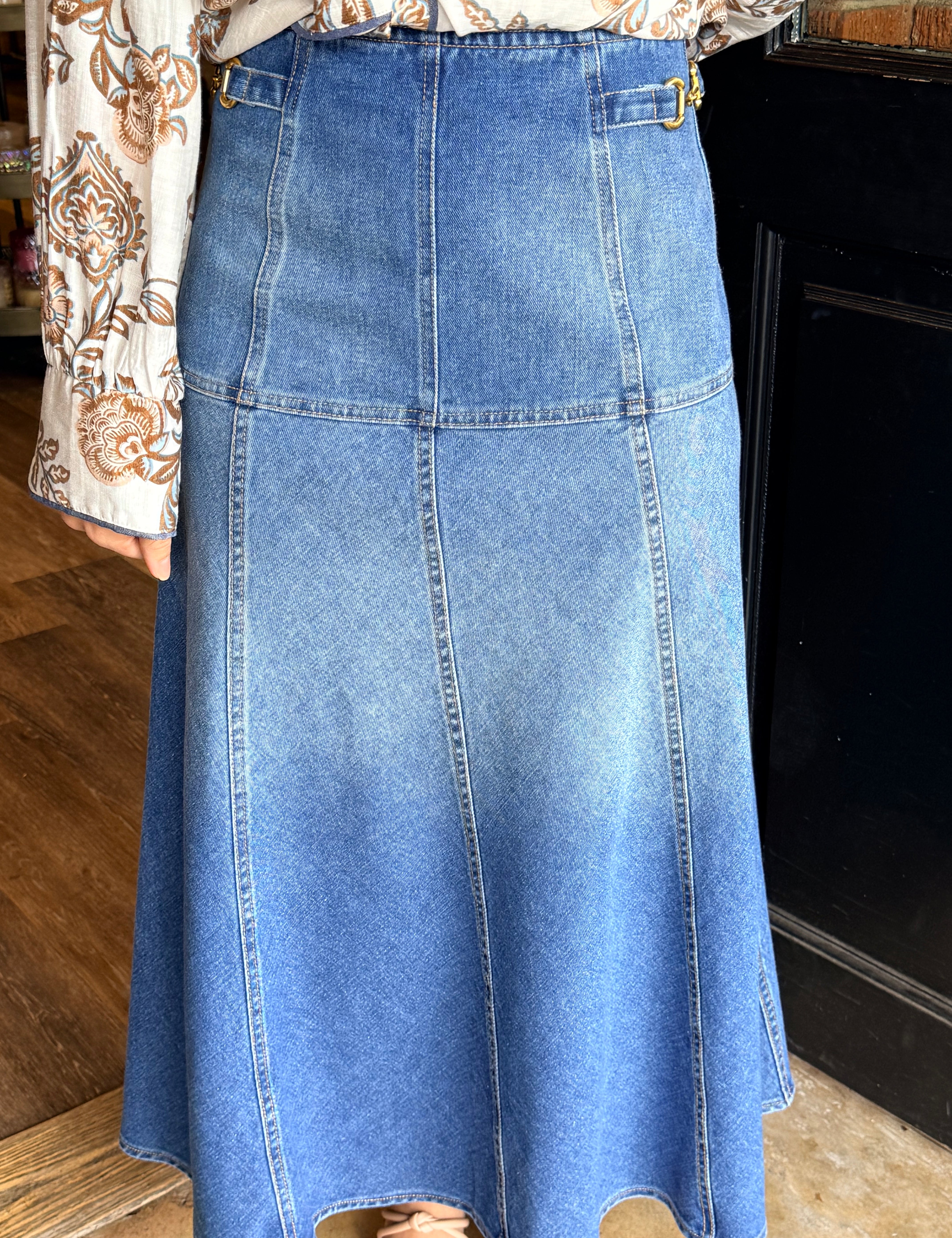 Eliza Buckle Denim Midi Skirt