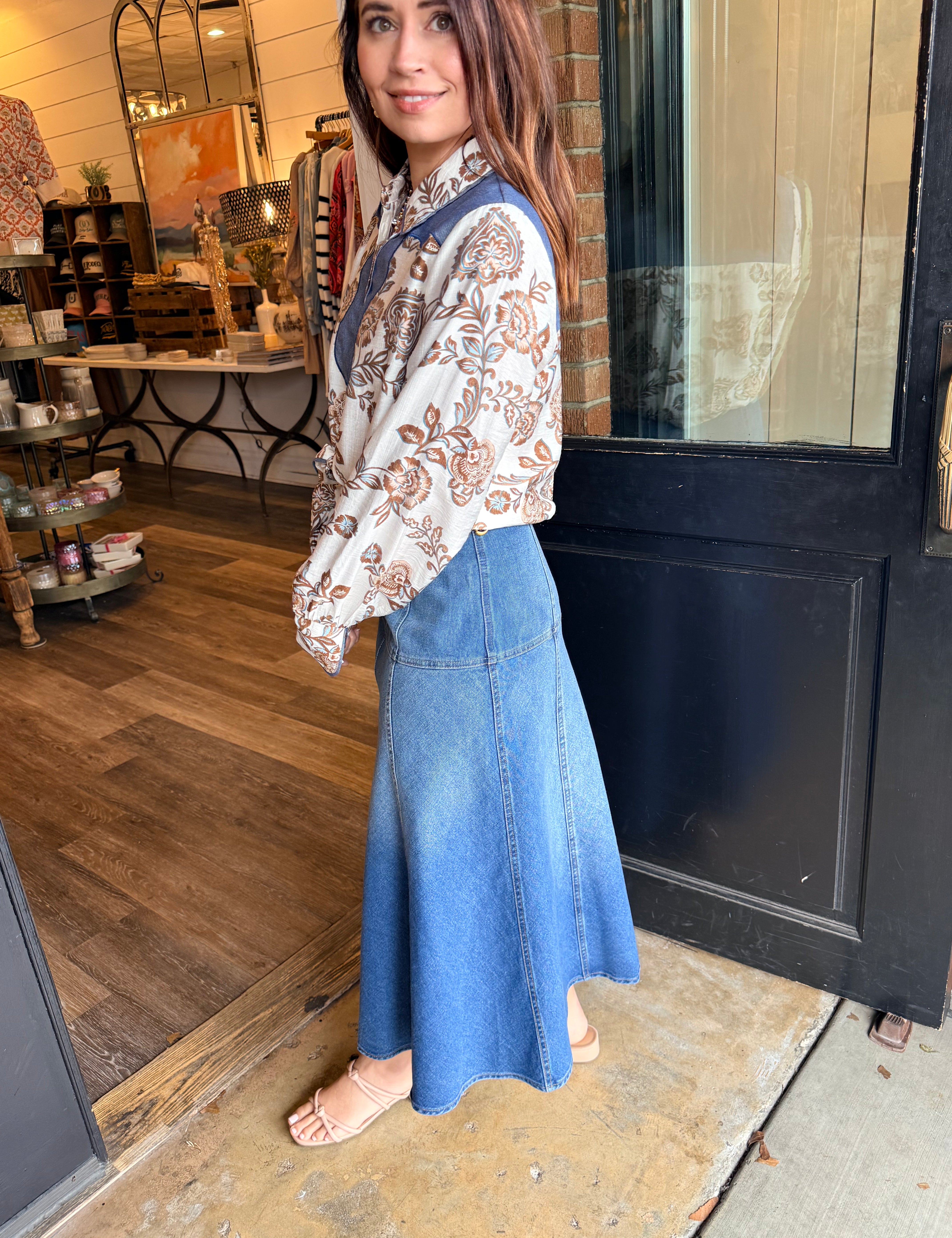 Eliza Buckle Denim Midi Skirt