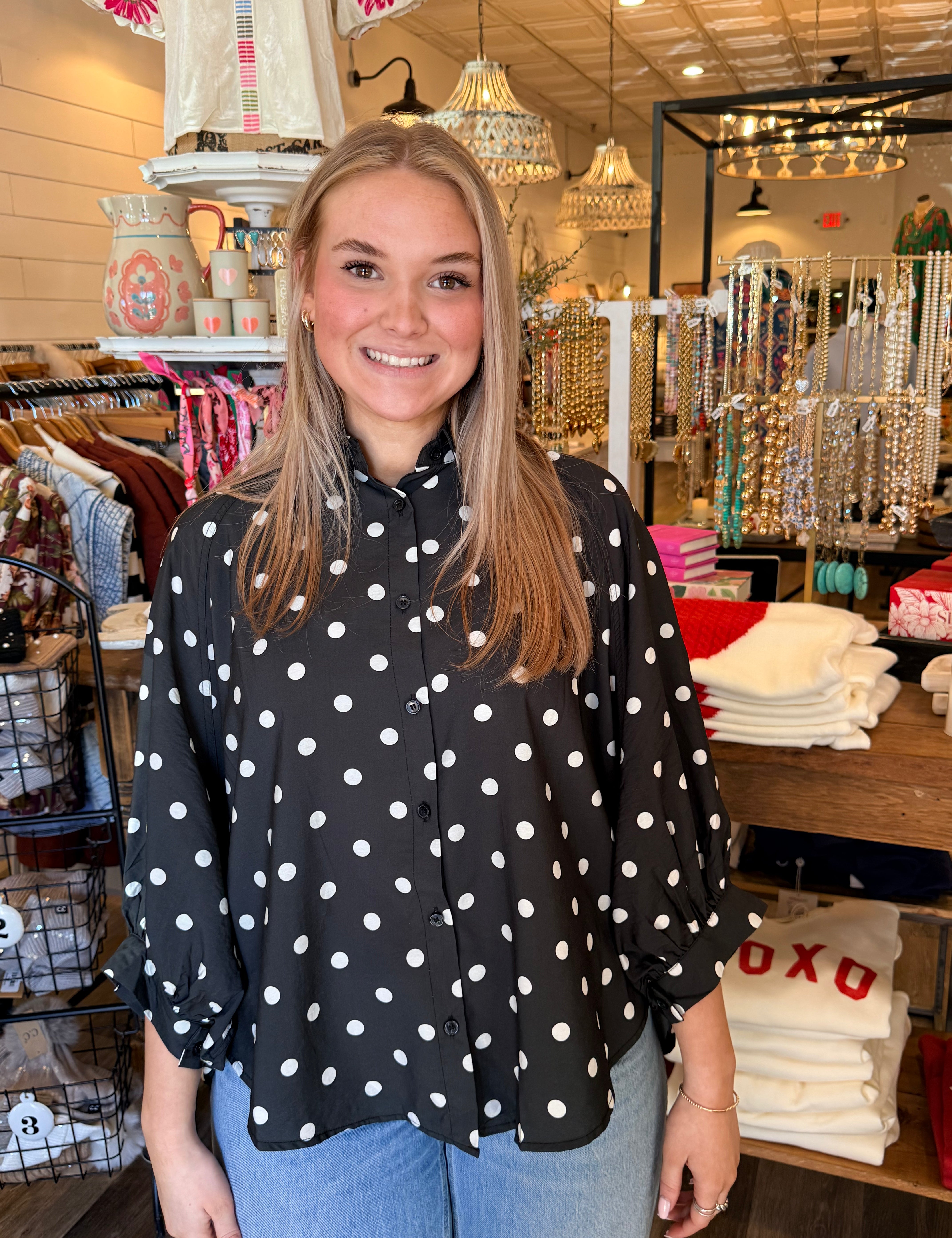 Collette Polka Dot Button Top