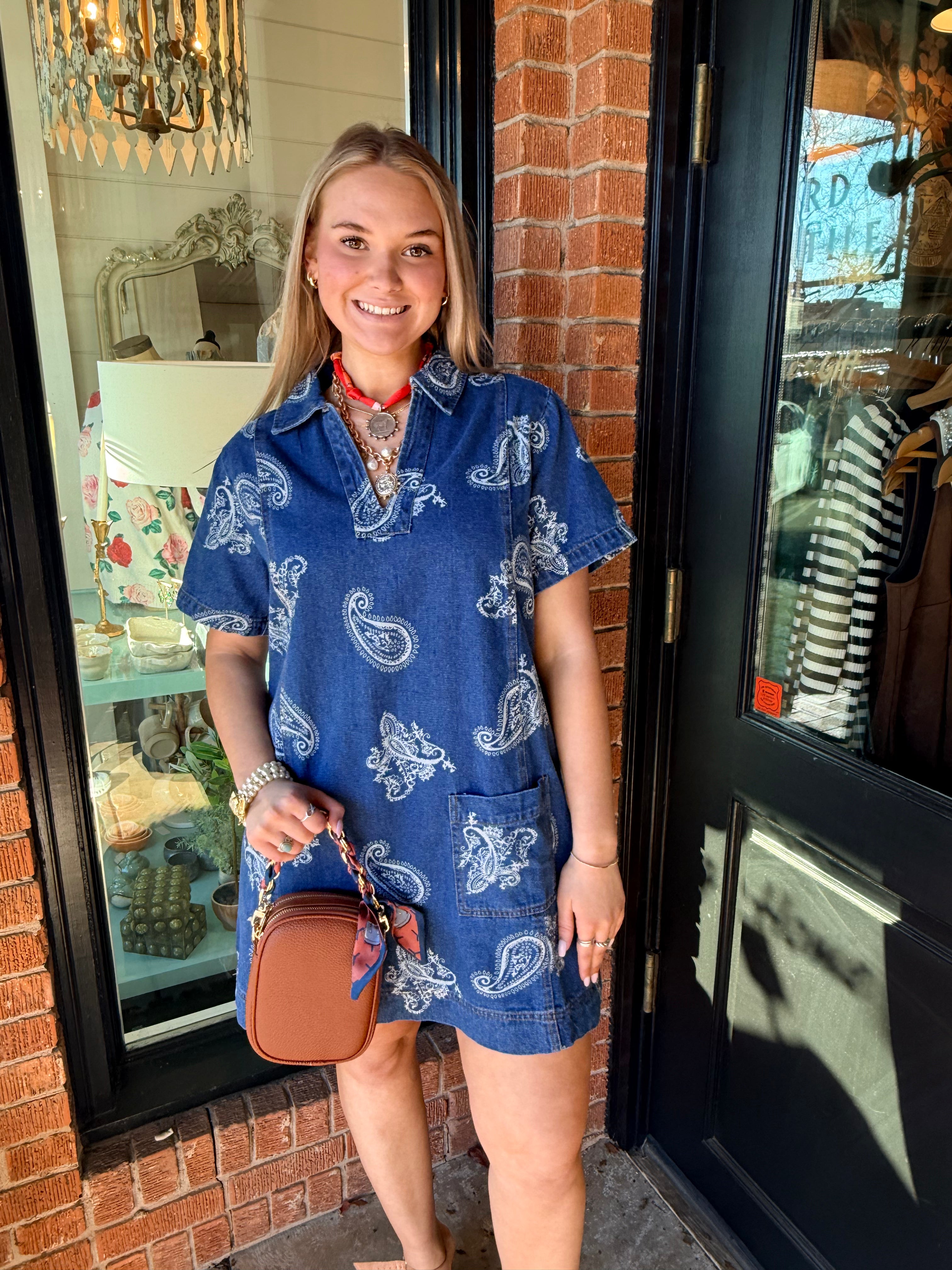 Cassidy Denim Paisley Mini Dress – Red Bird Mercantile
