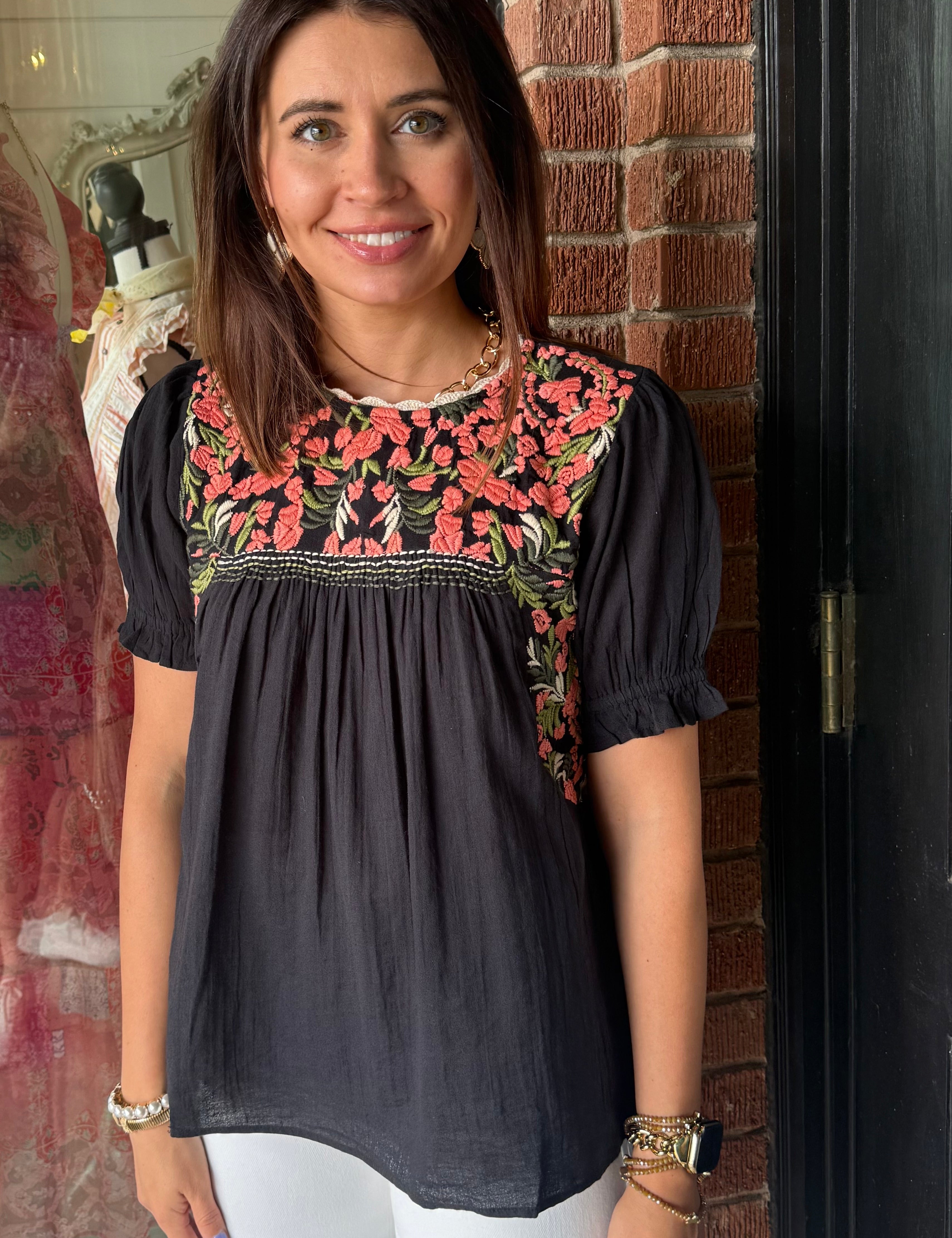 Quinn Short Puff Sleeve Embroidered Top