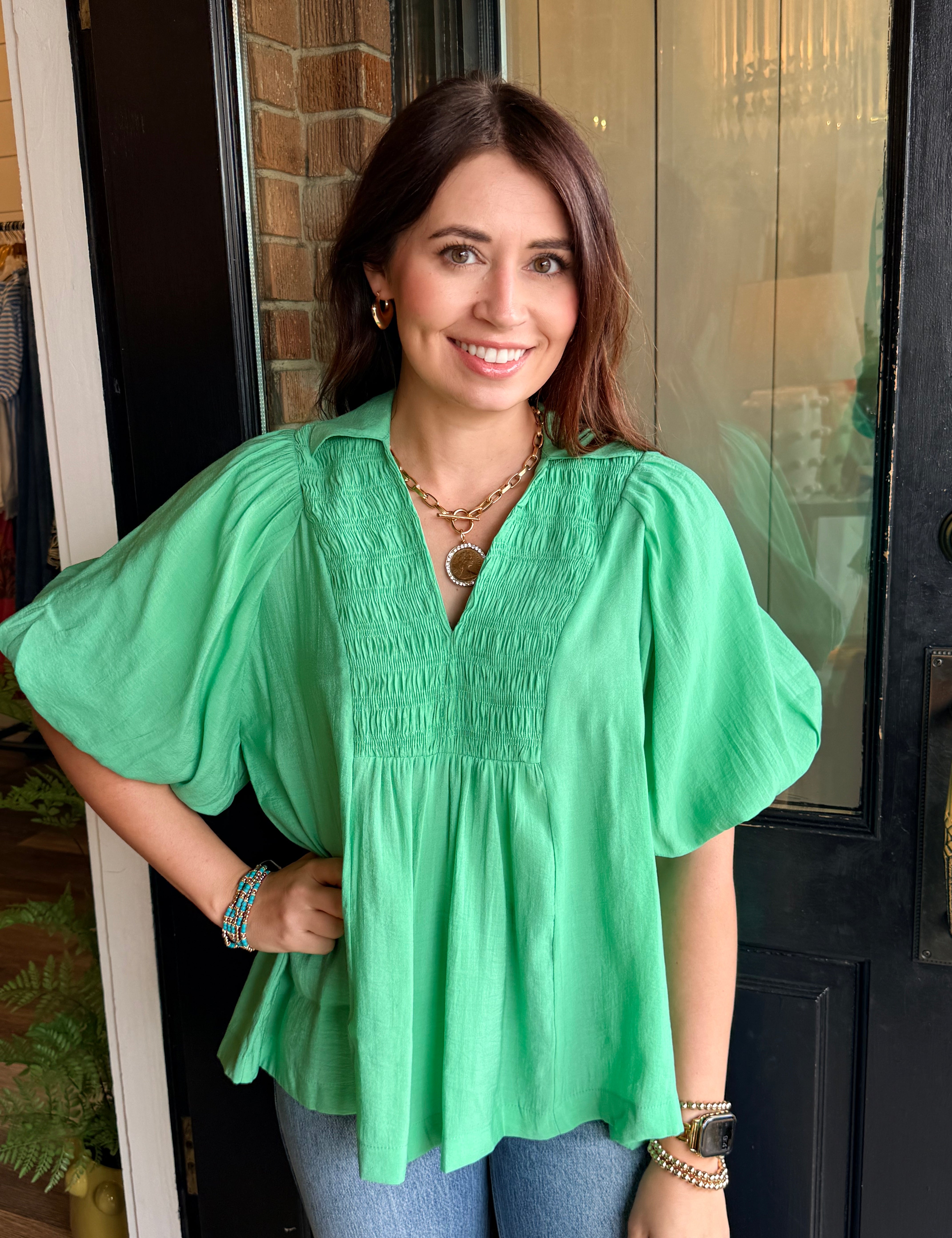Jenny Smocked V-Neck Top