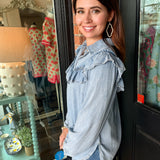 Rosie Denim Ruffle Button Down Top