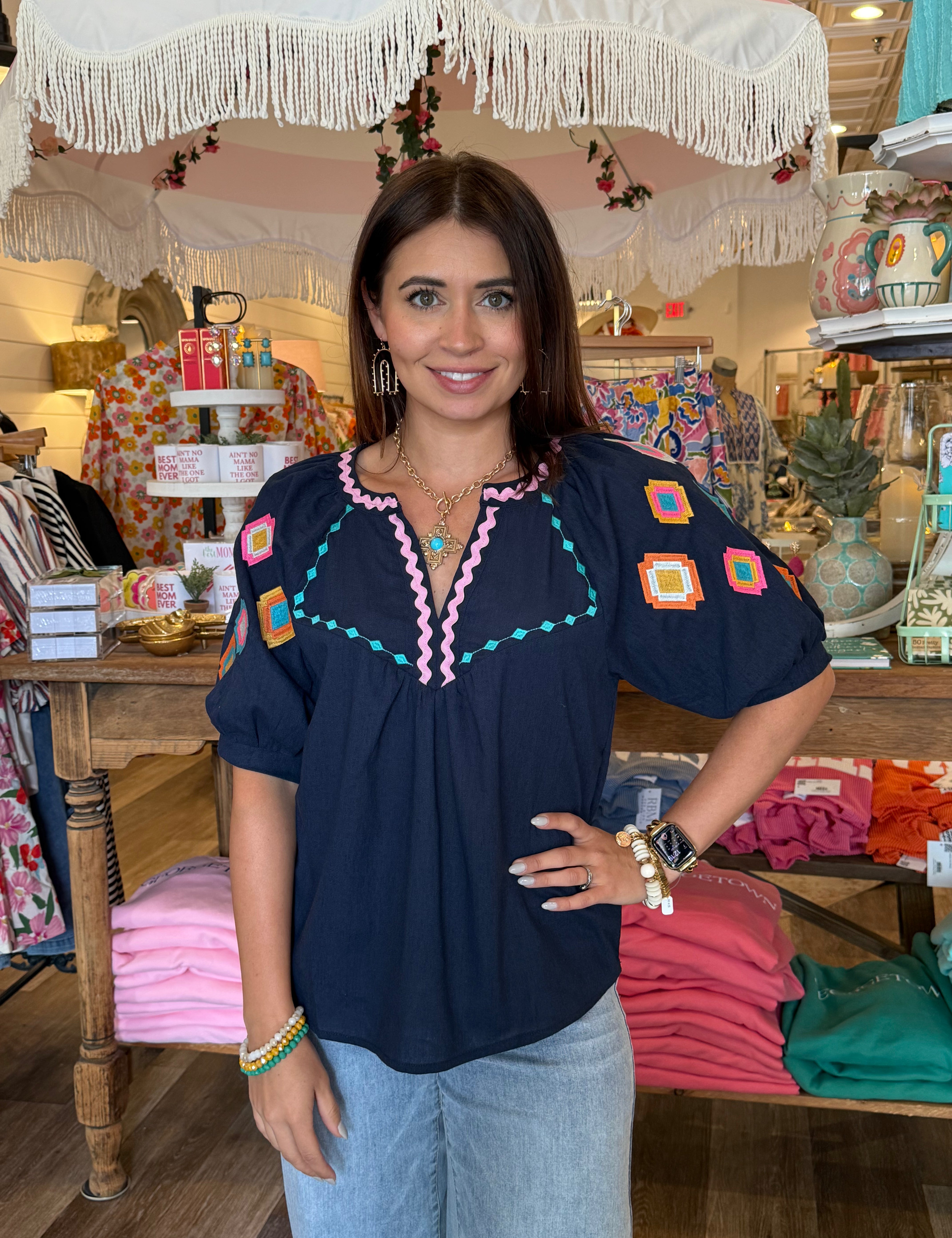 Leila Geometric Puff Sleeve Top