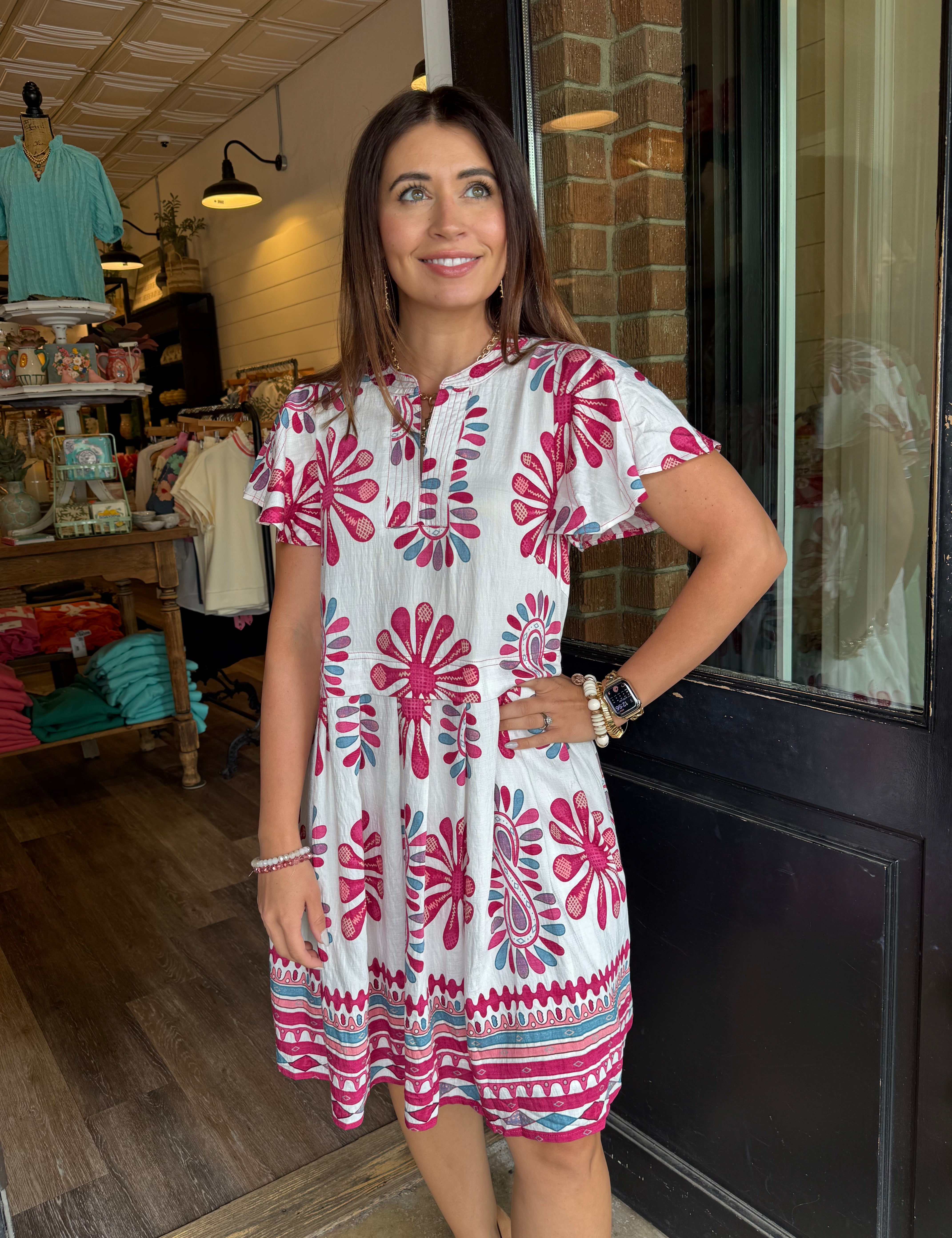 Hannah Printed Flutter Sleeve Dress
