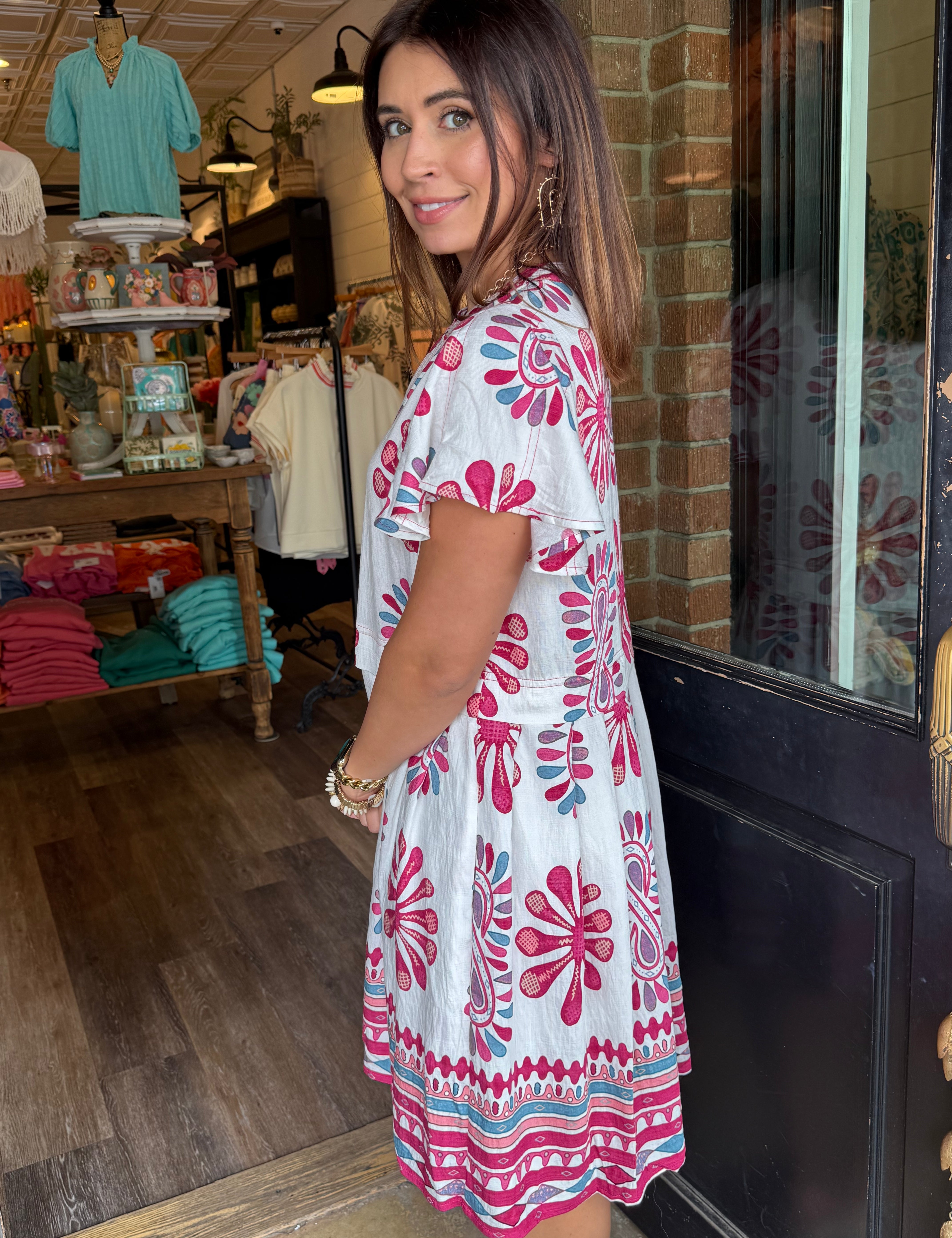 Hannah Printed Flutter Sleeve Dress