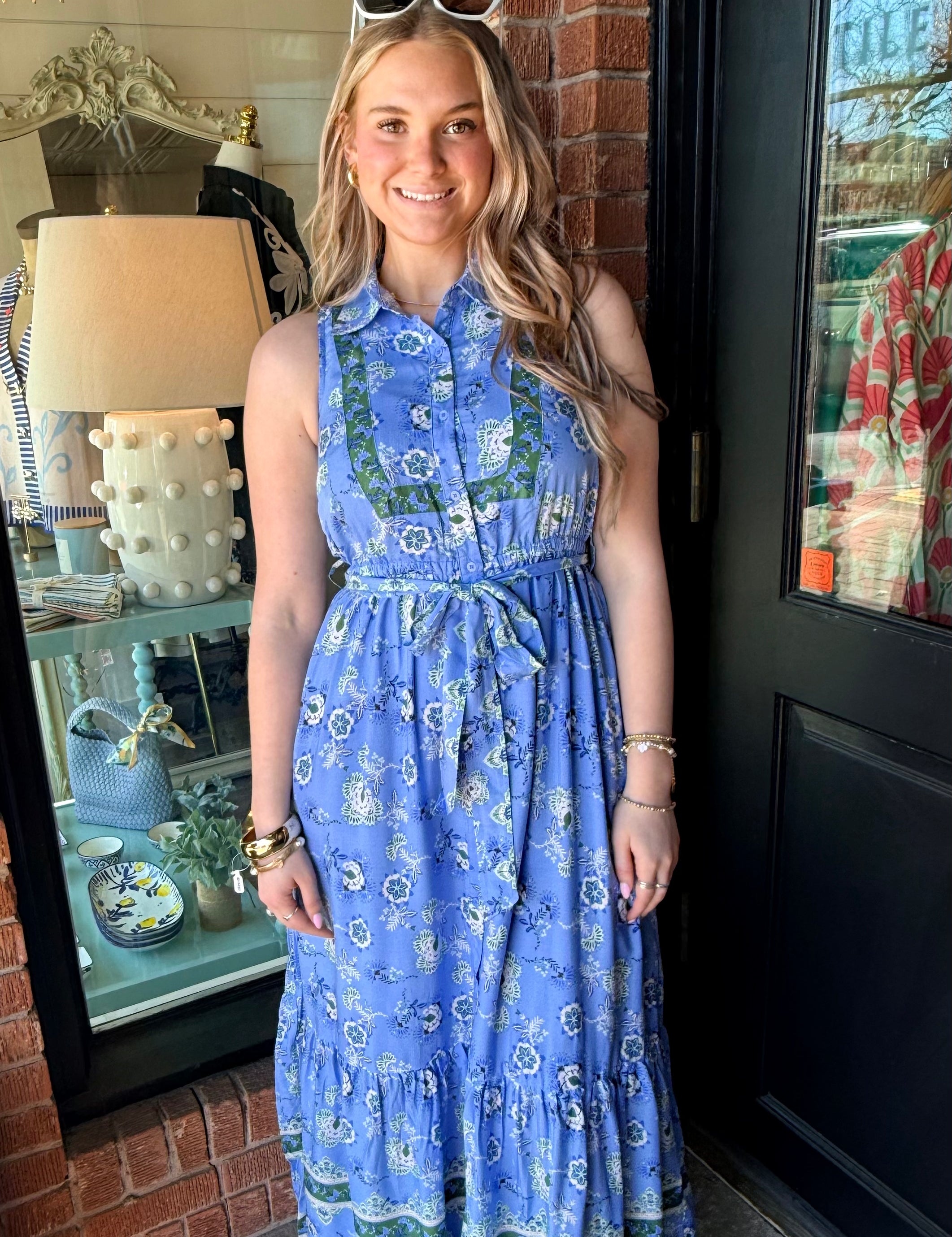 border print maxi dress Border Print Tiered Maxi Dress Indigo / Small