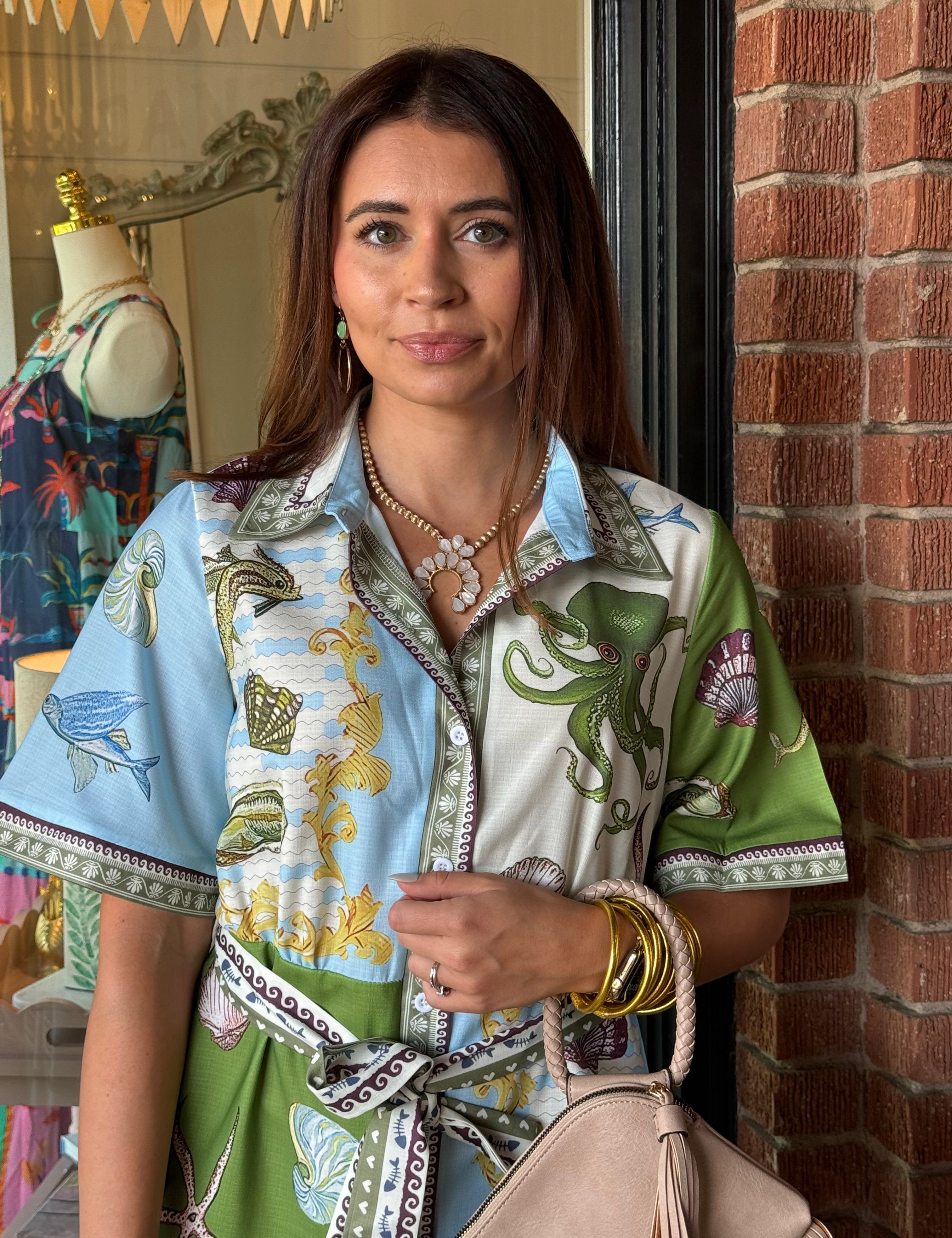 June Tropical Print Belted Shirt Dress