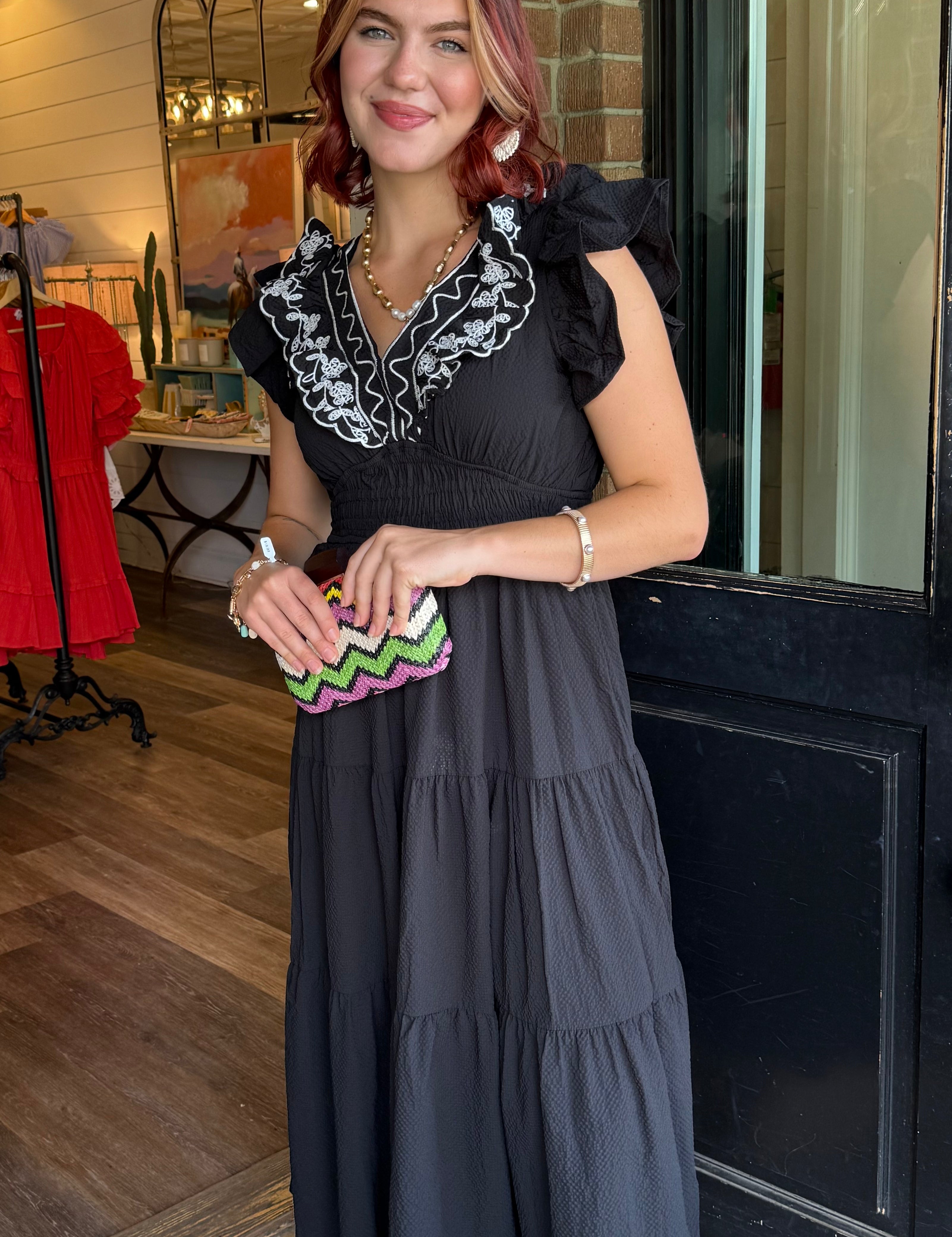 Deana Embroidered Tiered Midi Dress