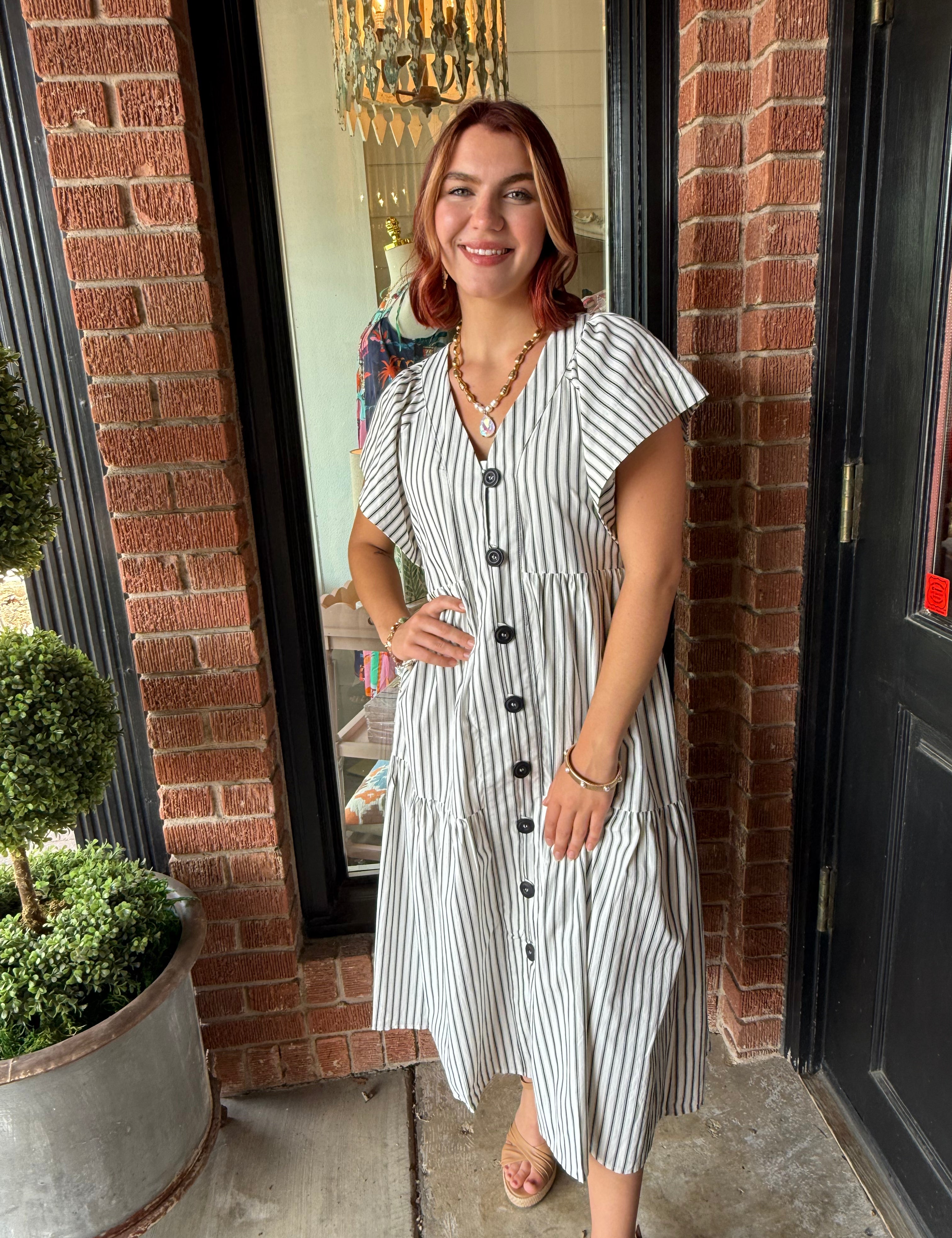 Eva Striped Flutter Sleeve Midi Dress