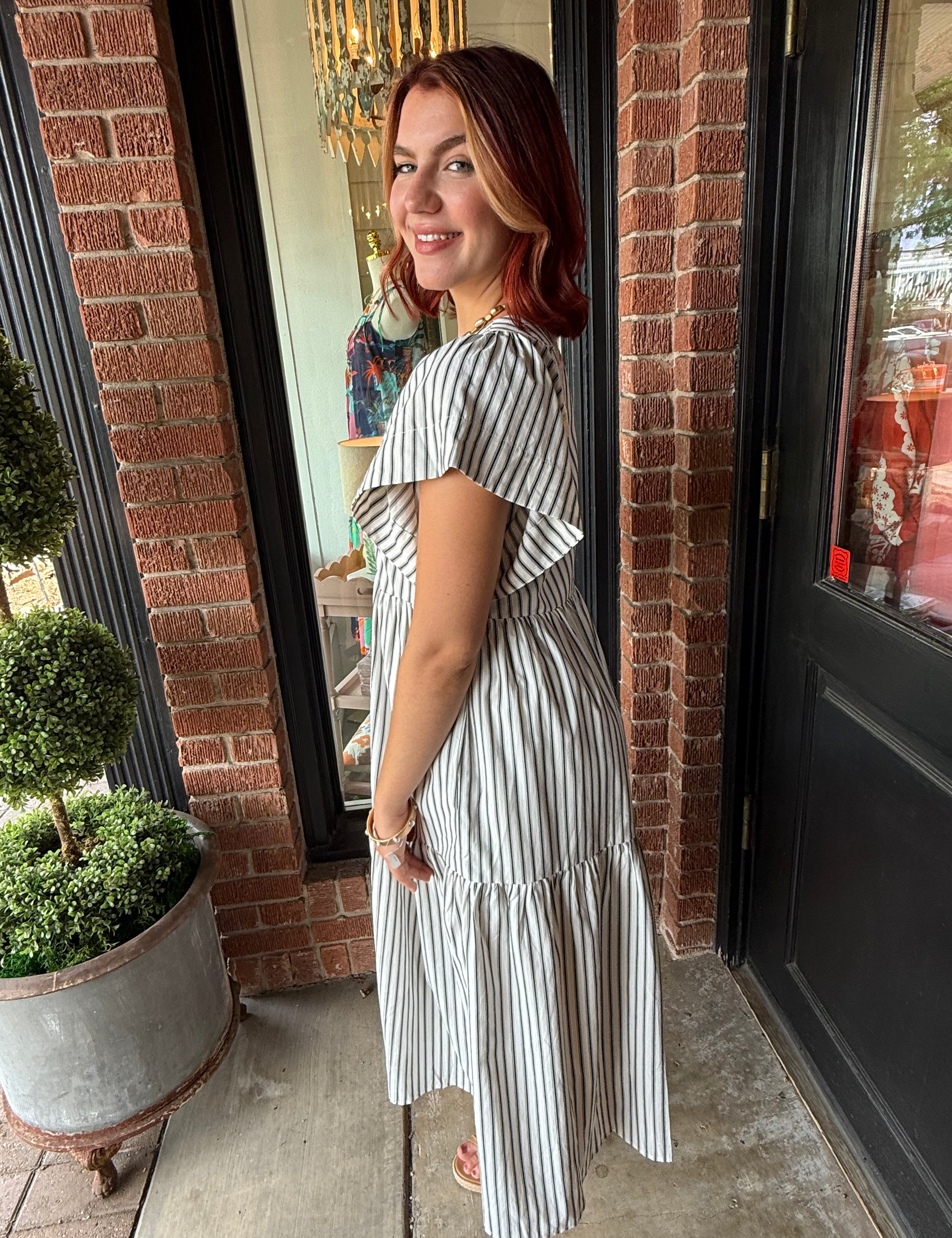 Eva Striped Flutter Sleeve Midi Dress