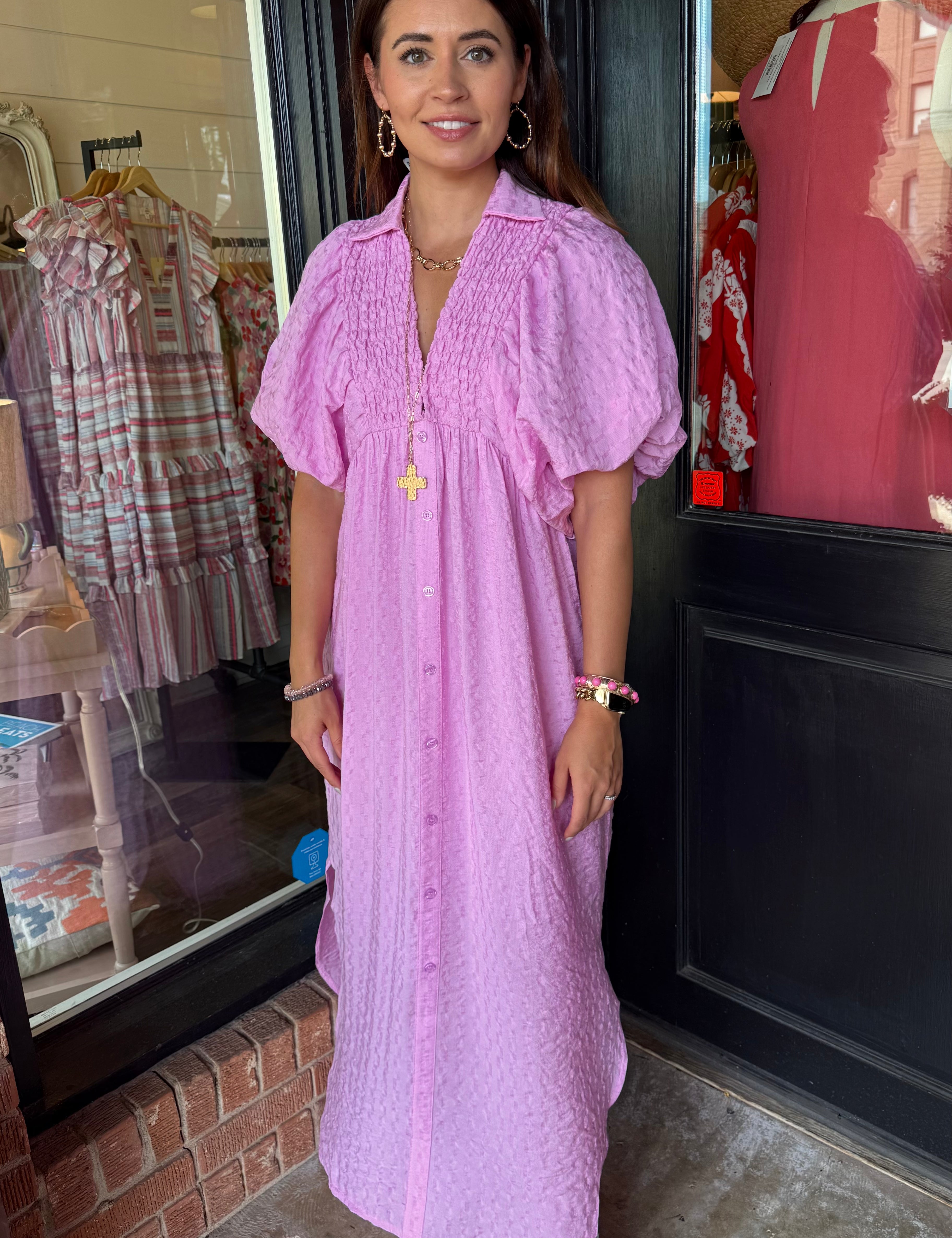 Margaret Textured Puff Sleeve Midi Dress
