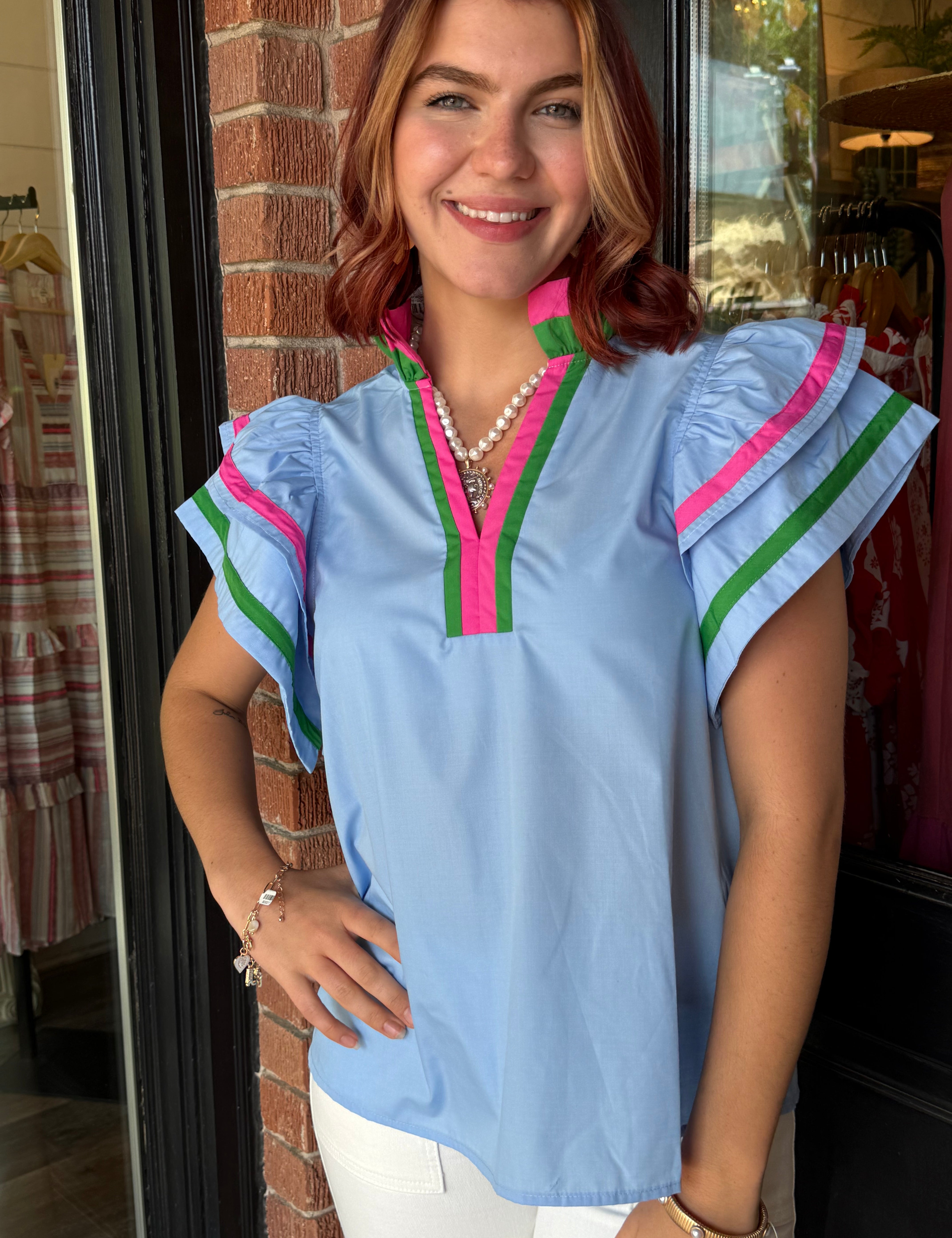 Cora Multicolor Accent Flutter Sleeve Top