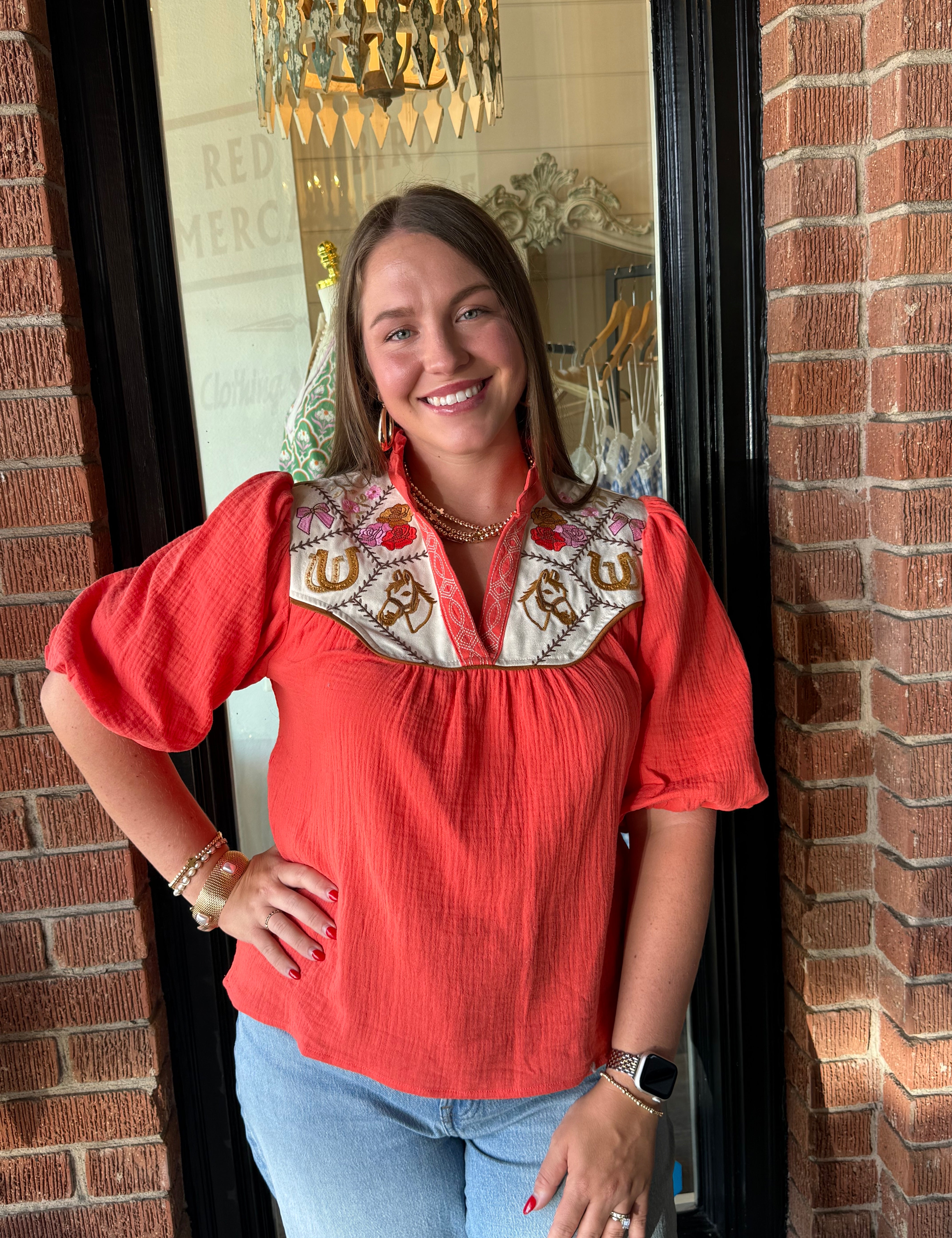 Betsy Embroidered Top Coral