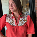 Betsy Embroidered Top Coral