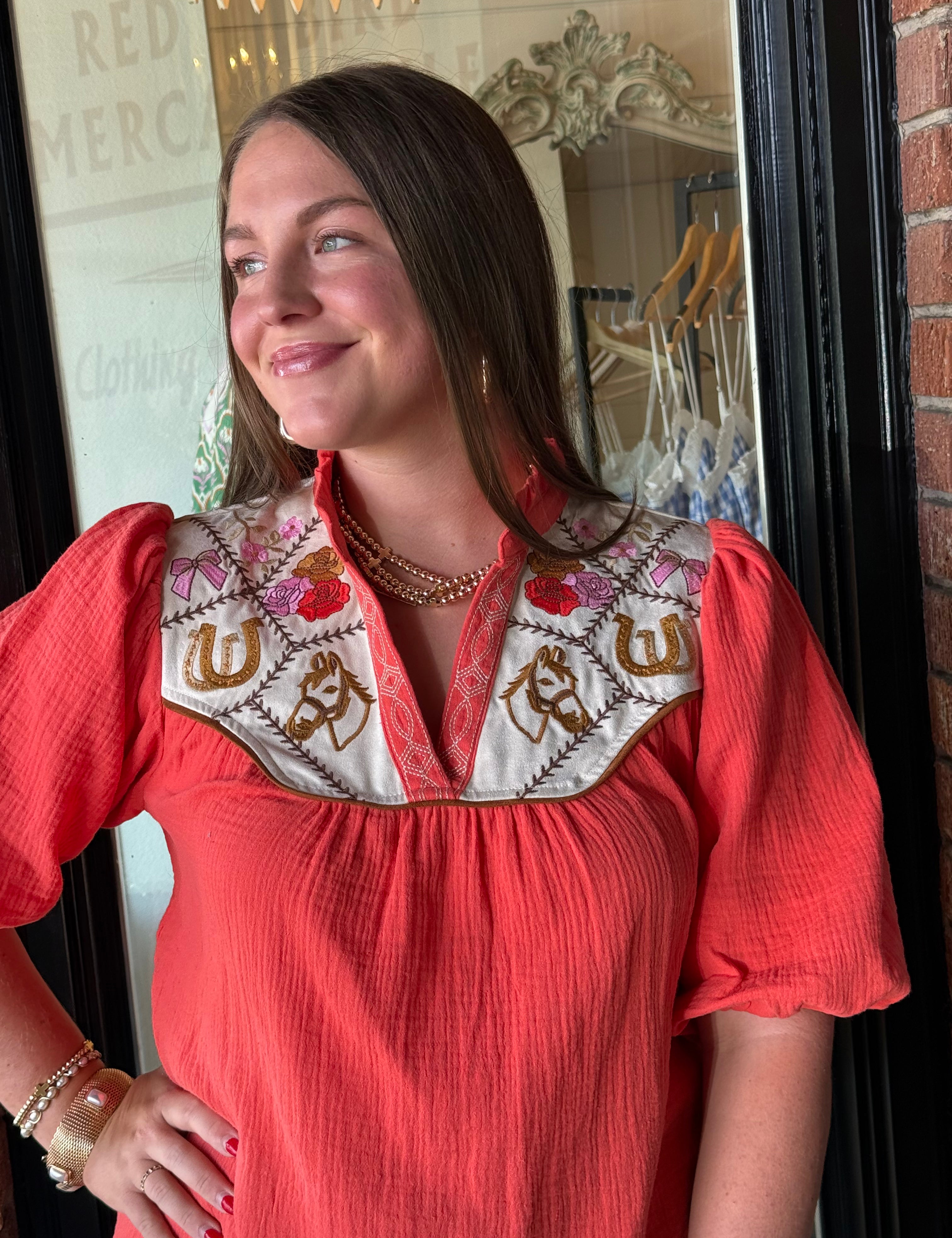 Betsy Embroidered Top Coral
