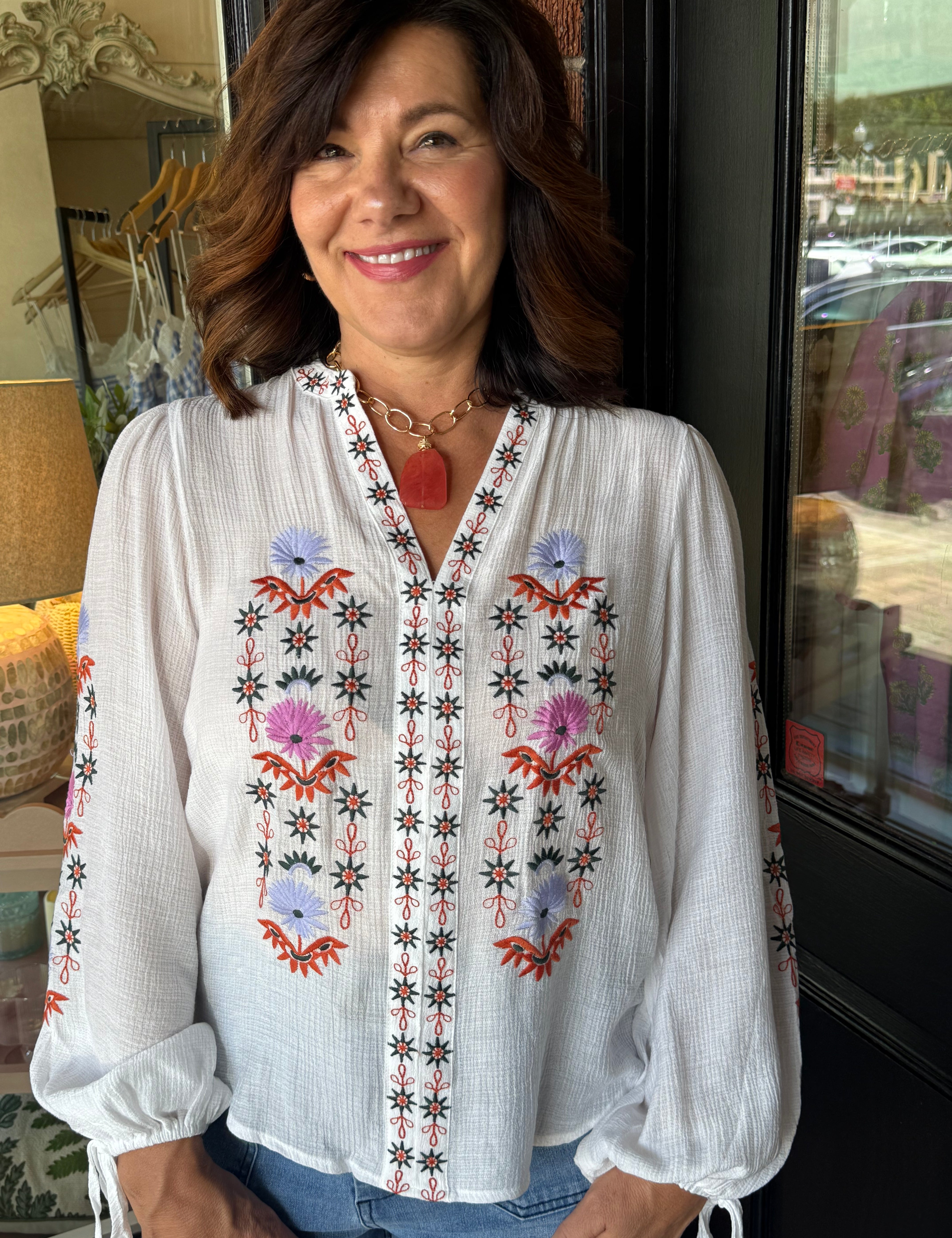 Remi Embroidered Off White Top