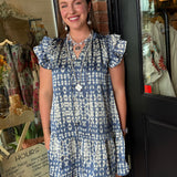 Sunny Print Tiered Mini Dress-Navy
