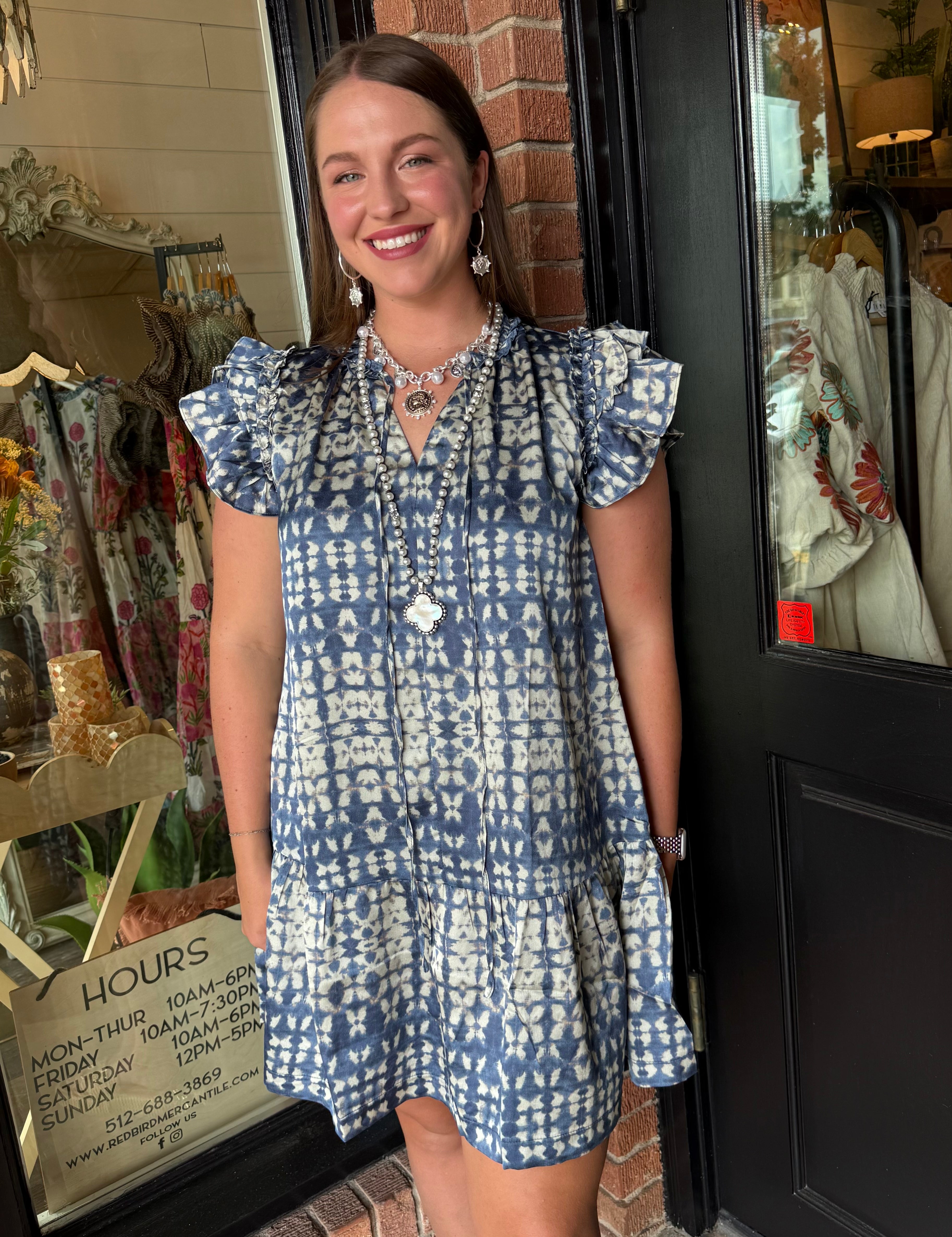 Sunny Print Tiered Mini Dress-Navy