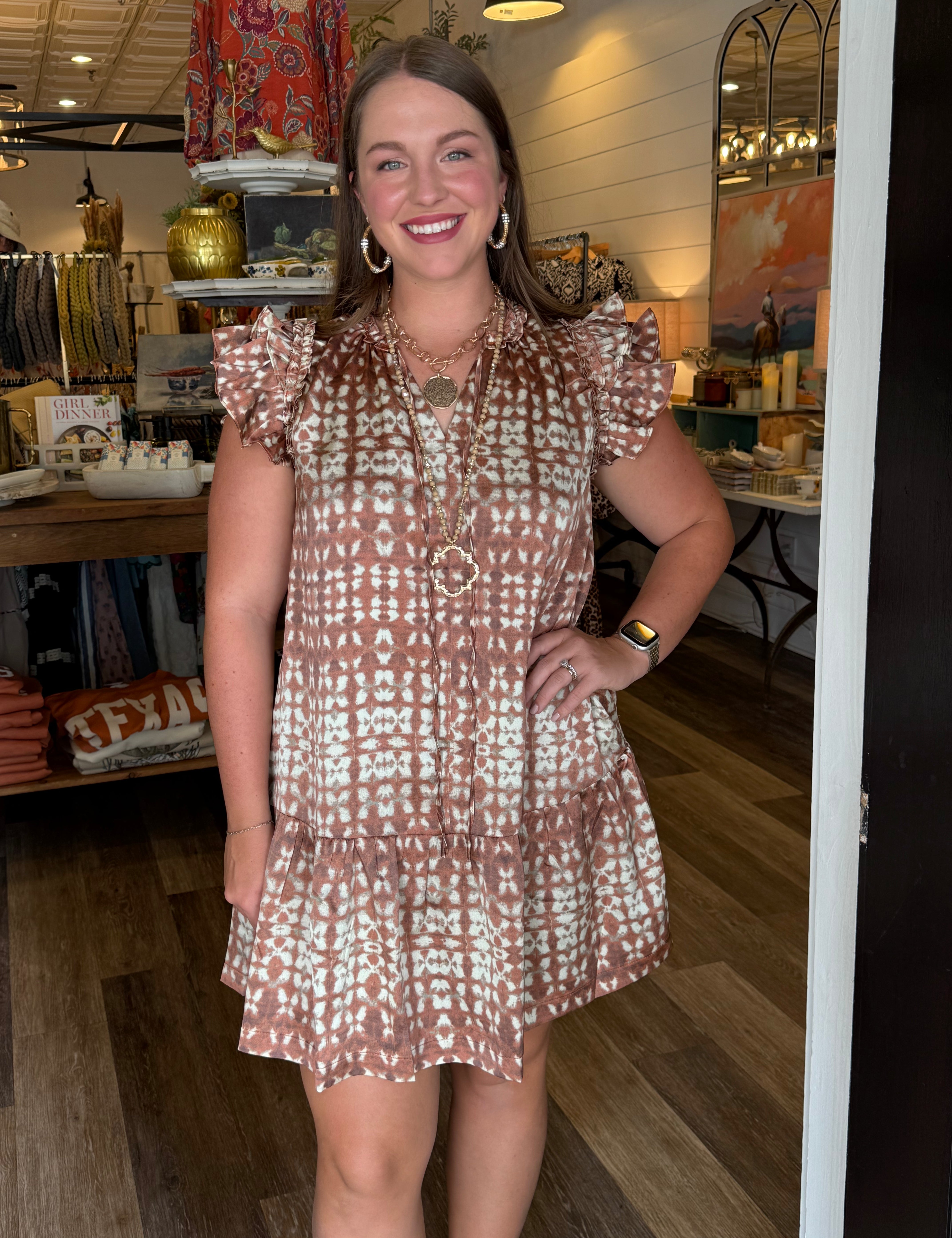 Sunny Print Tiered Mini Dress- Dusty Orange